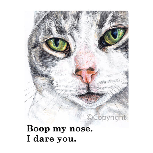Crayon drawing of a grey tabby cat daring you to boop her nose. Art by Deidre Wicks