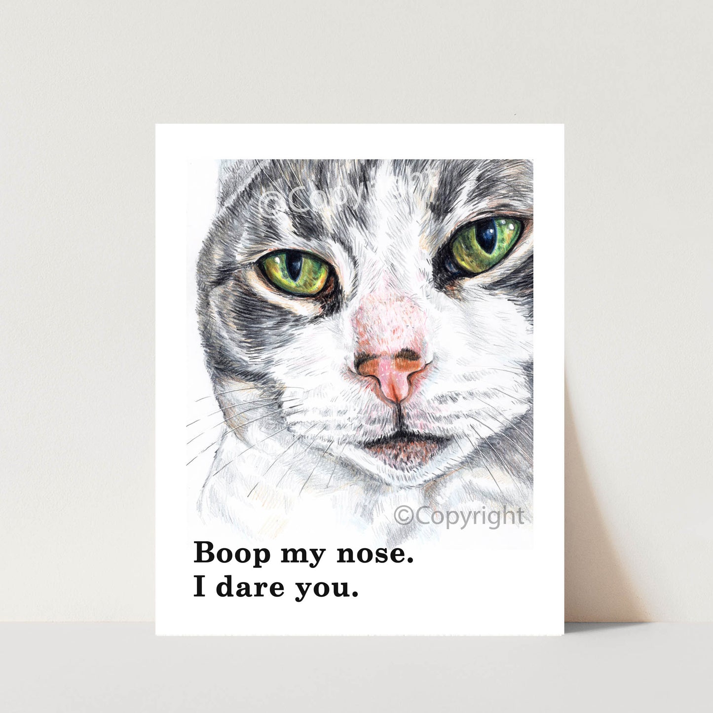 Crayon drawing of a grey tabby cat daring you to boop her nose. Art by Deidre Wicks