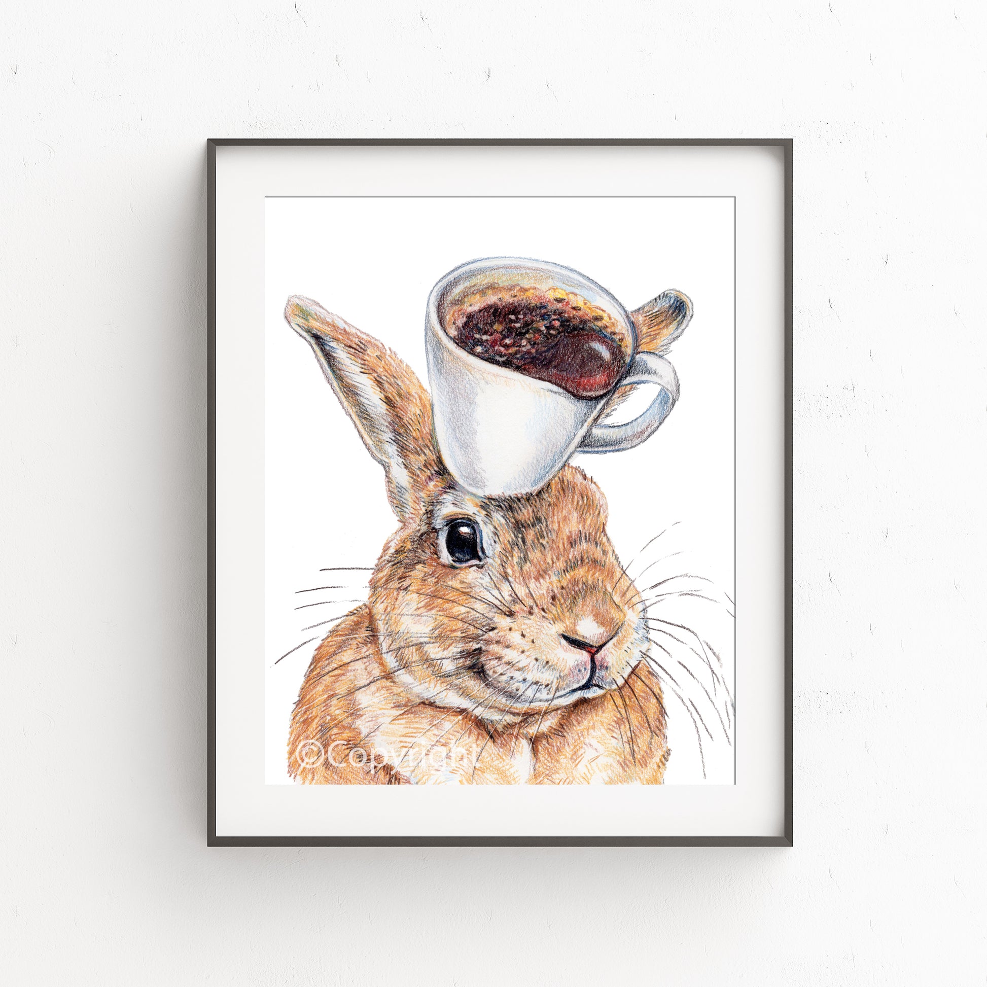 Coloured pencil drawing of a happy rabbit balancing a coffee cup on his head. Art by Deidre WIcks