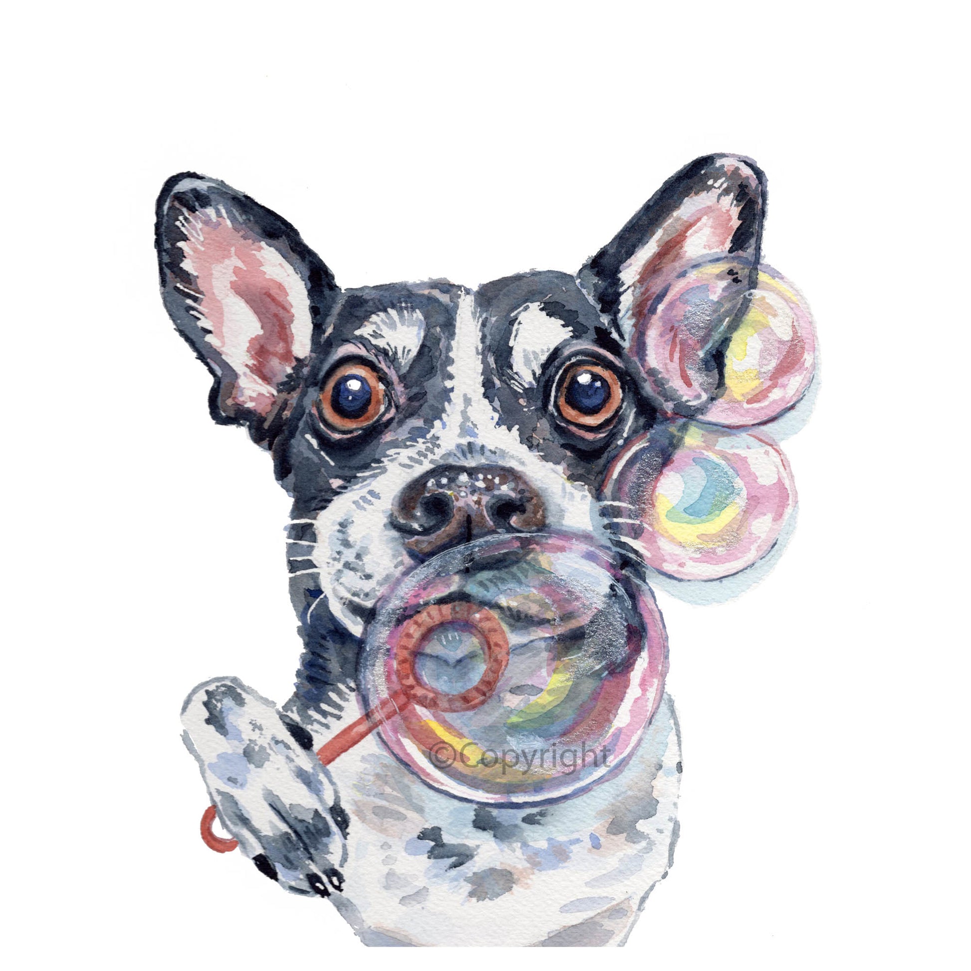 Illustration of a dog with colorful bubbles in its mouth on a white background