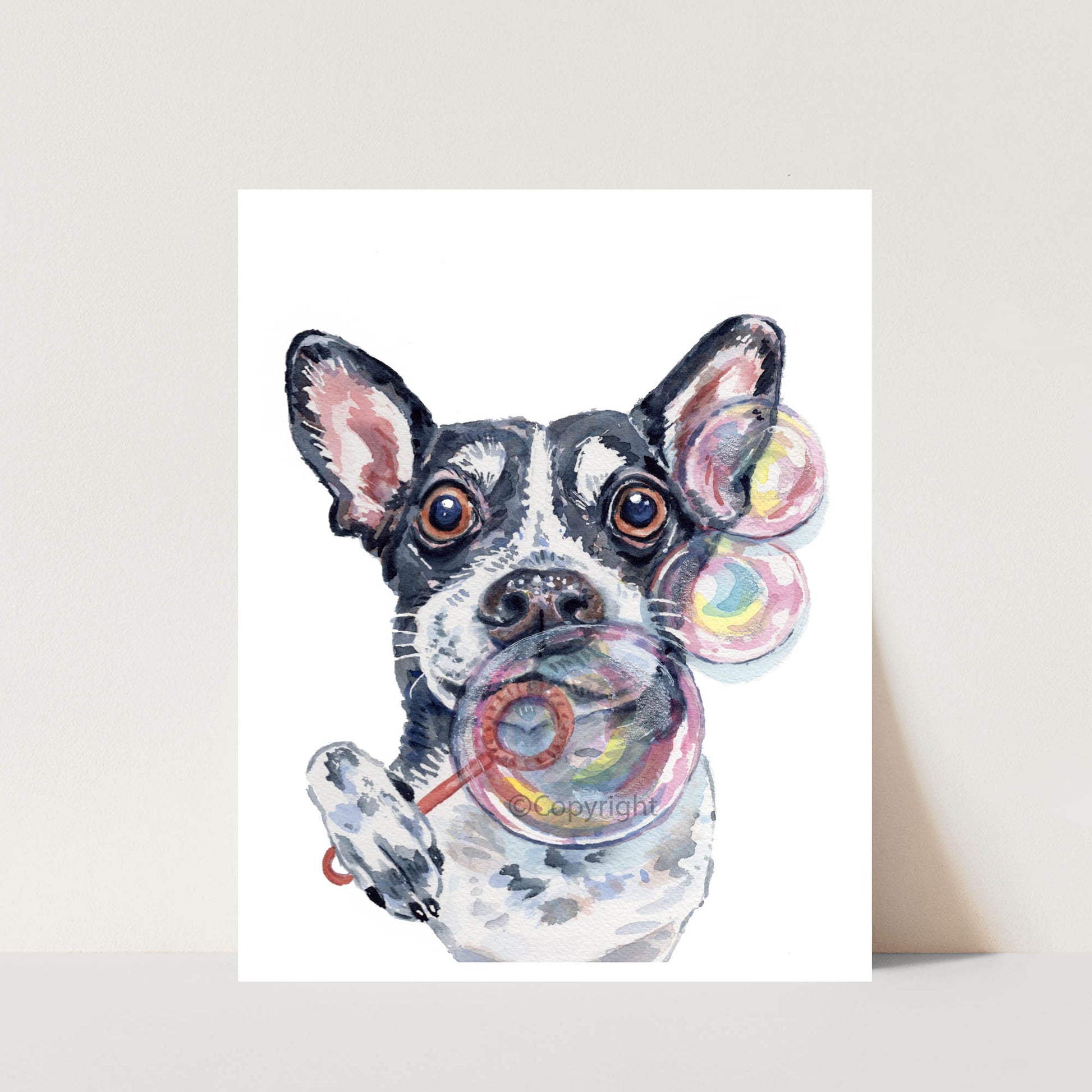 Watercolour Illustration of a dog with colorful bubbles on a white background
