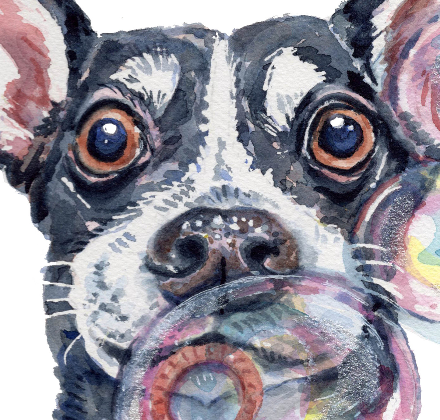 Artistic illustration of a dog's face with a close-up of its eyes and nose.