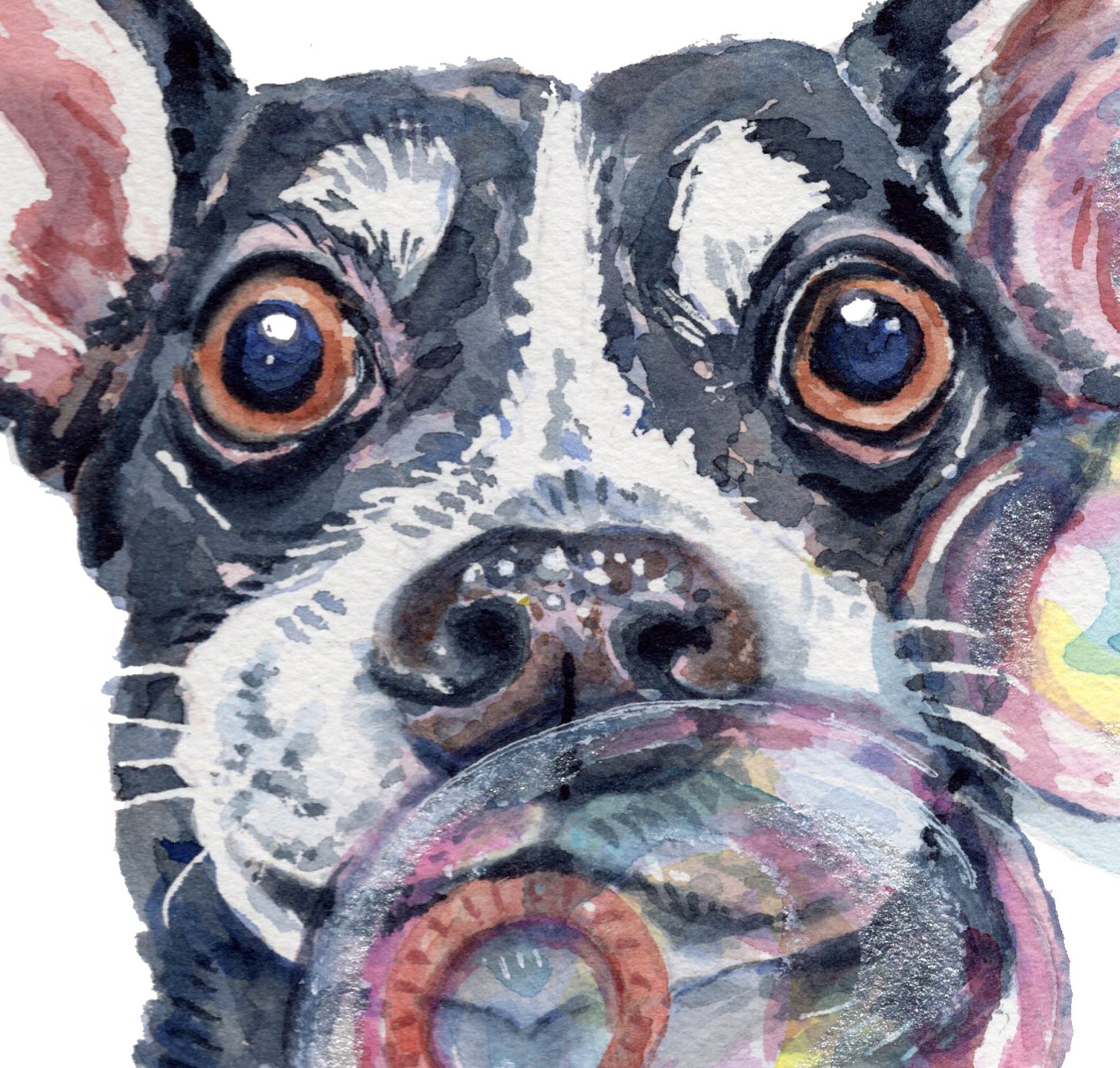 Artistic illustration of a dog's face with a close-up of its eyes and nose.