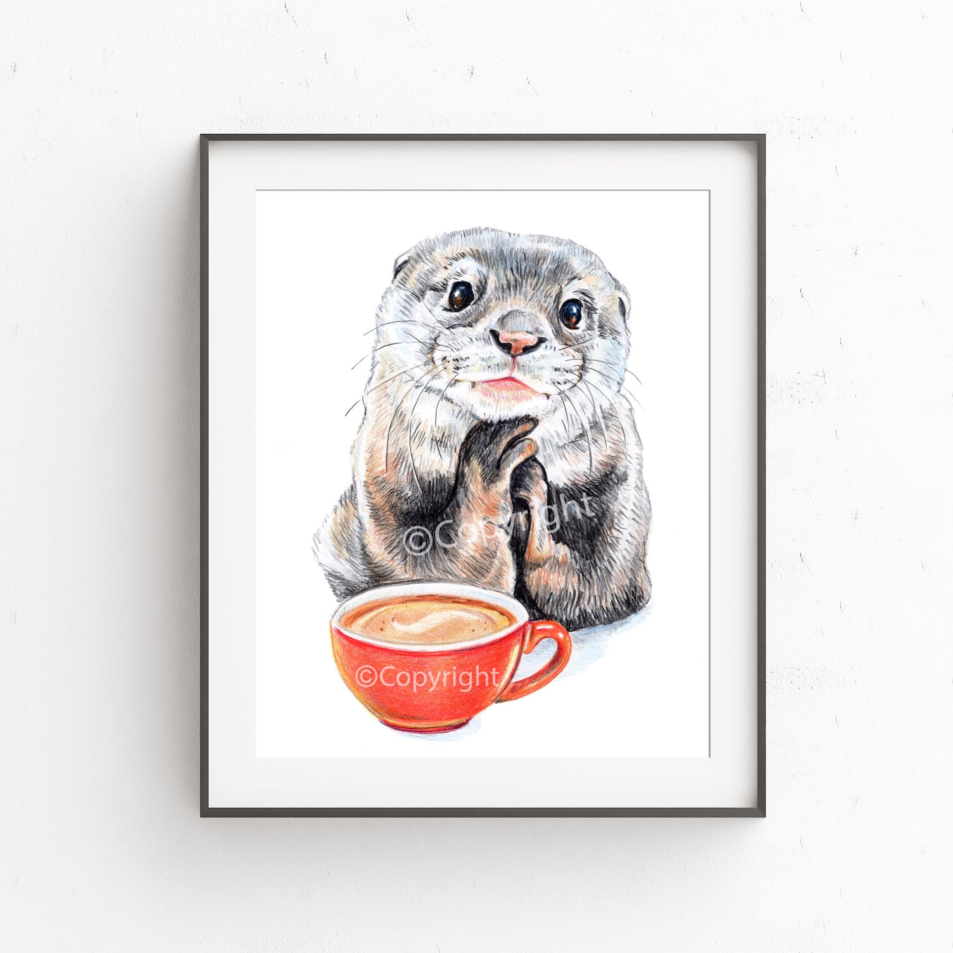 Drawing of a day dreaming otter at a coffee shop by Deidre Wicks