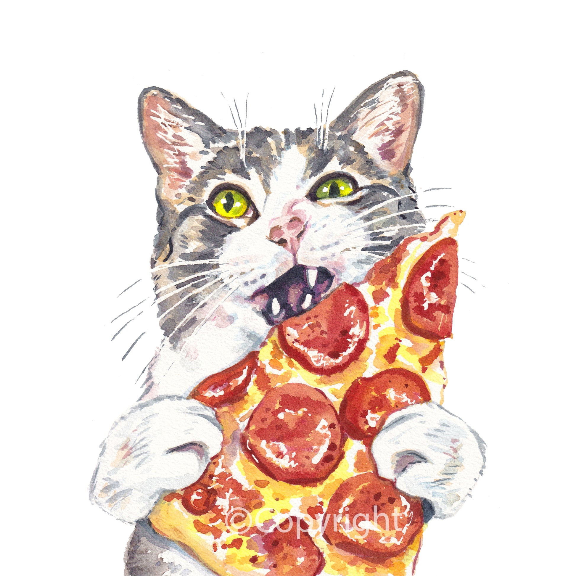 Watercolour painting of a grey tabby cat eating a slice of pepperoni pizza.