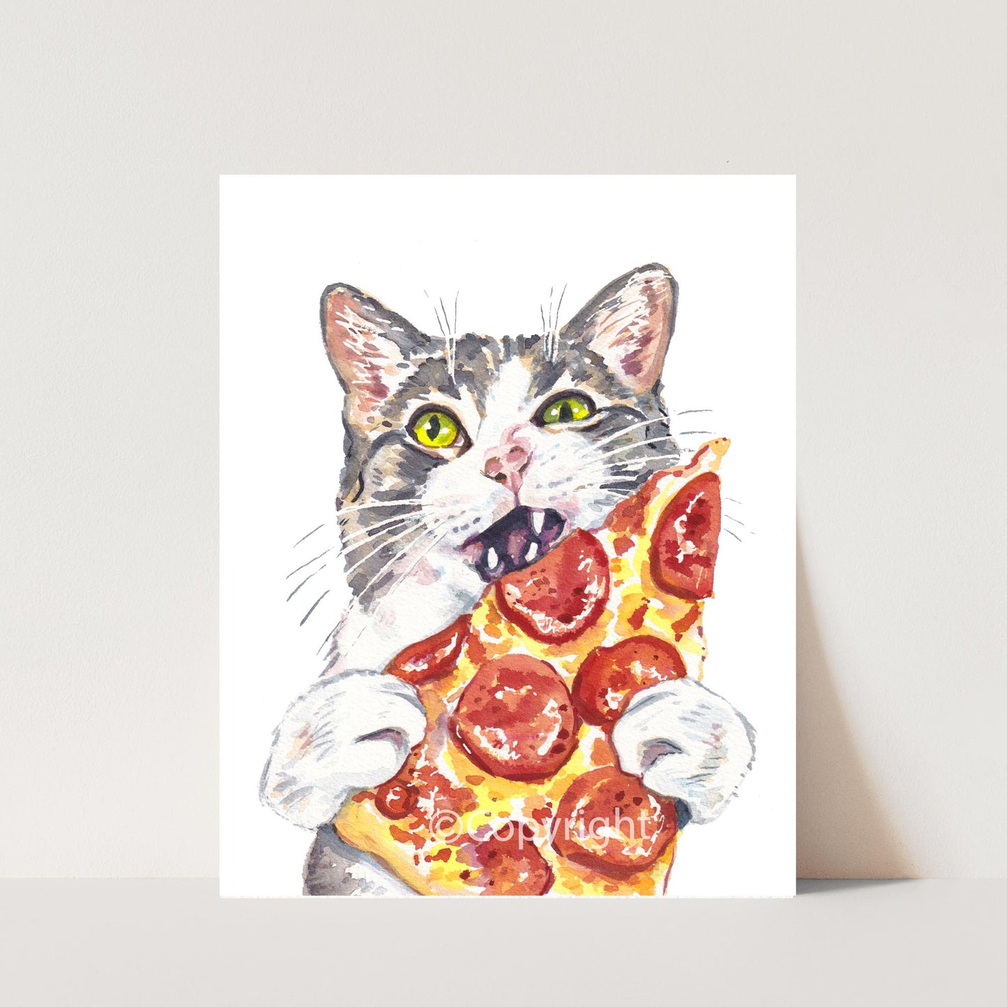 Watercolour painting of a grey tabby cat eating a slice of pepperoni pizza.