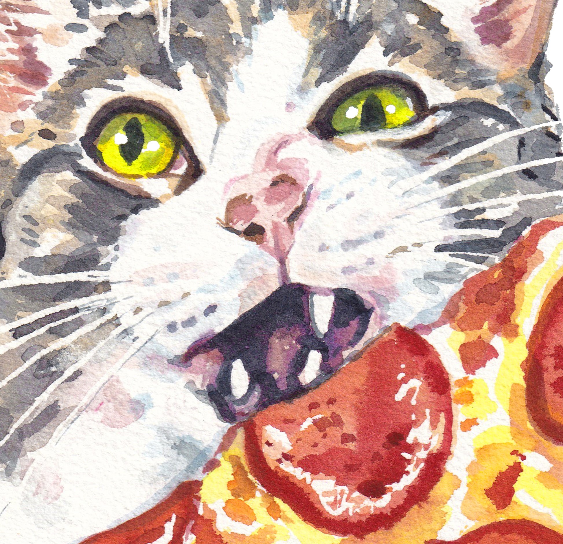 Watercolour painting of a grey tabby cat eating a slice of pepperoni pizza.