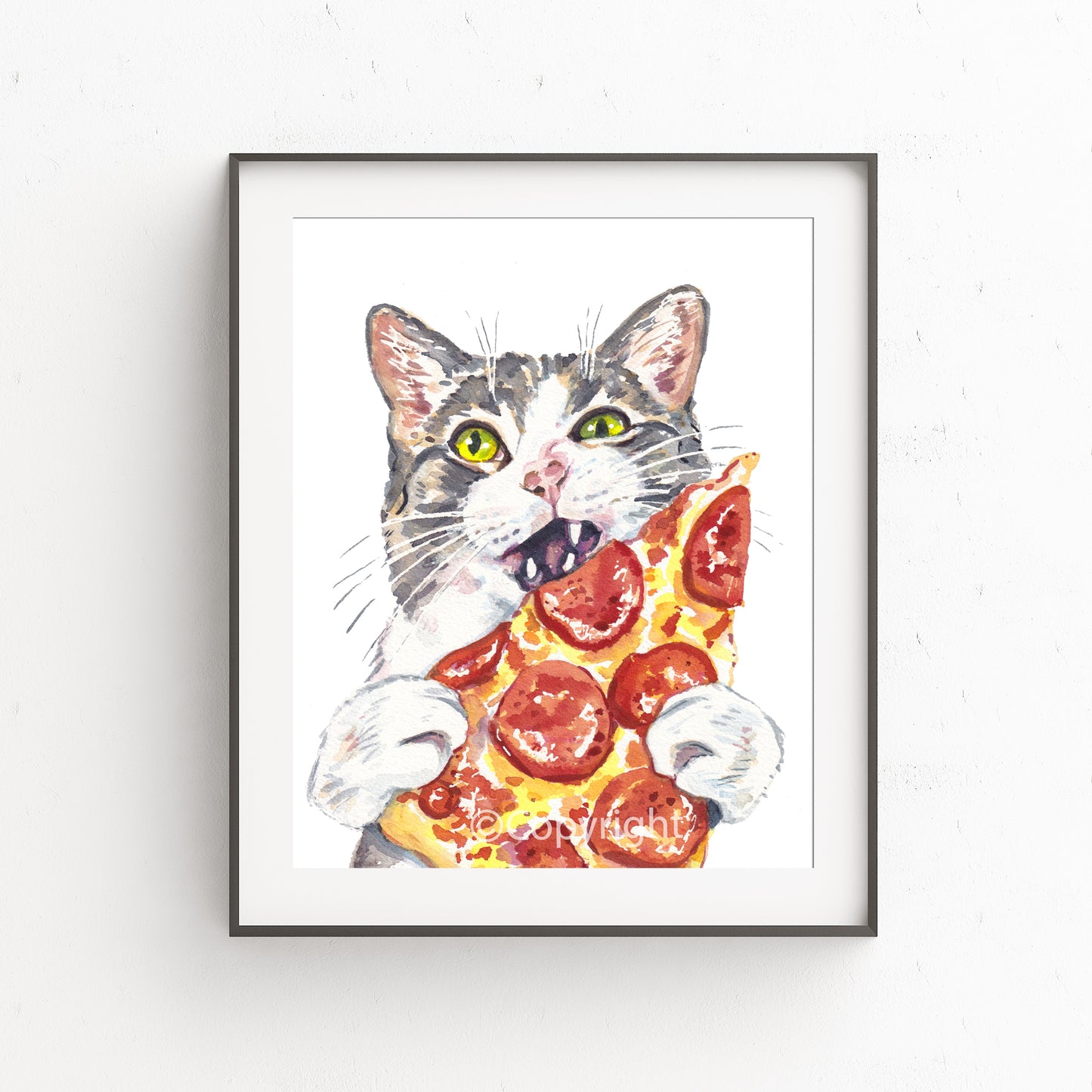 Watercolour painting of a grey tabby cat eating a slice of pepperoni pizza.