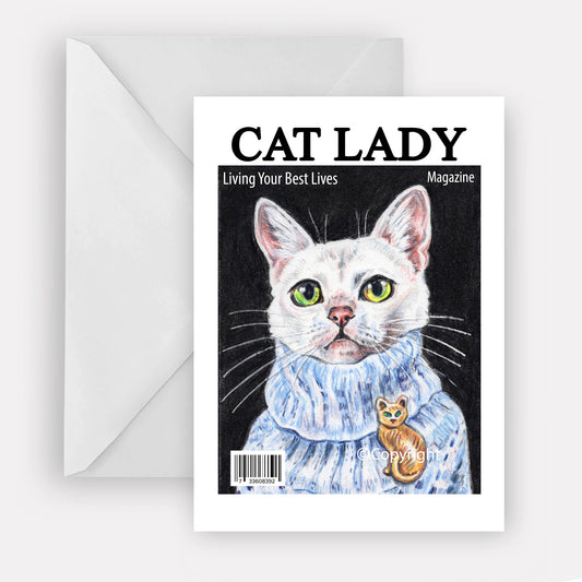 Blank greeting card featuring a coloured pencil drawing of a beautiful white cat who is a cover model for Cat Lady Magazine. Art by Deidre Wicks