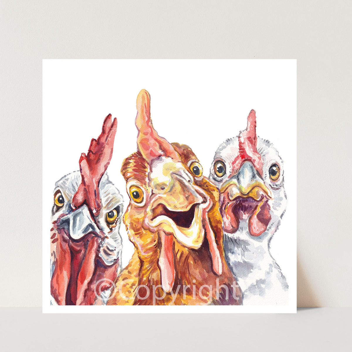 Watercolour painting of 3 chickens with funny faces
