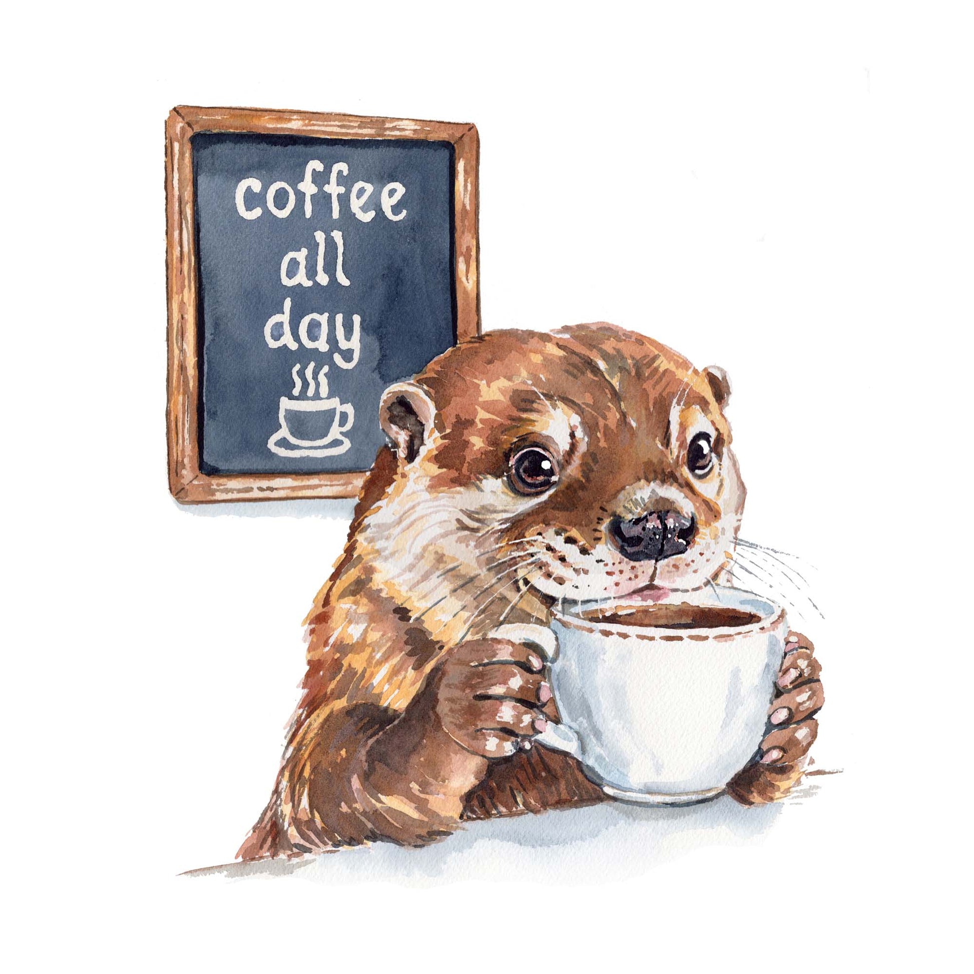 Watercolour painting of an otter drinking coffee in front of a sign that says Coffee All Day