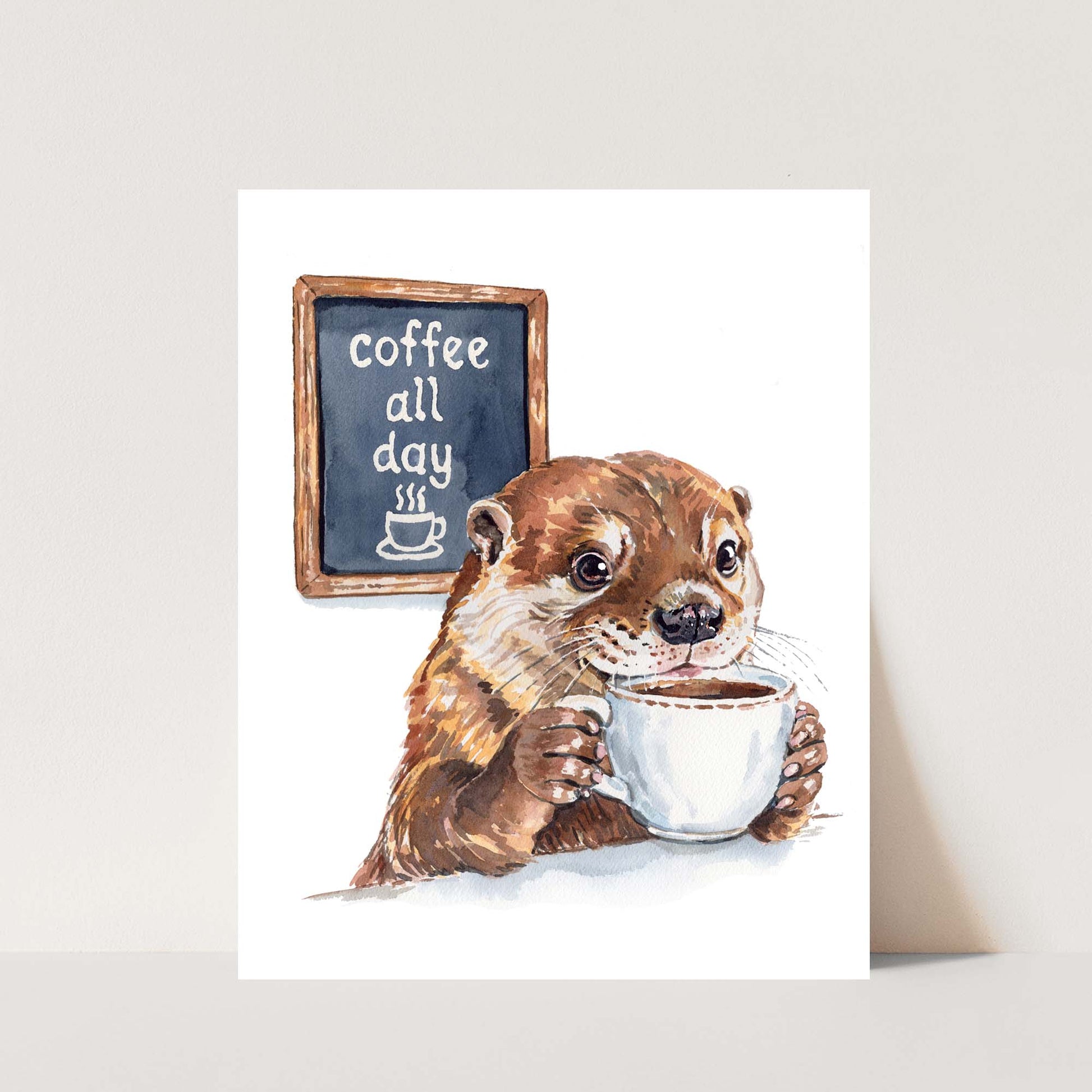 Watercolour painting of an otter drinking a coffee with a Coffee All Day Sign in the background