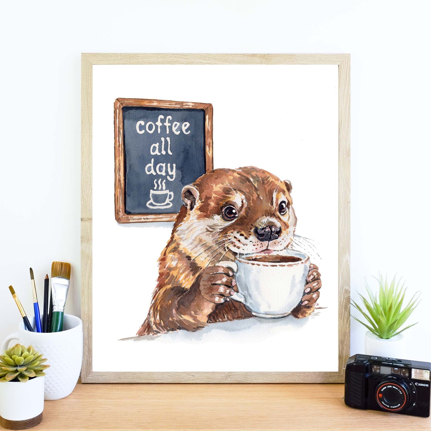 Watercolour painting of an otter drinking a coffee with a Coffee All Day Sign in the background
