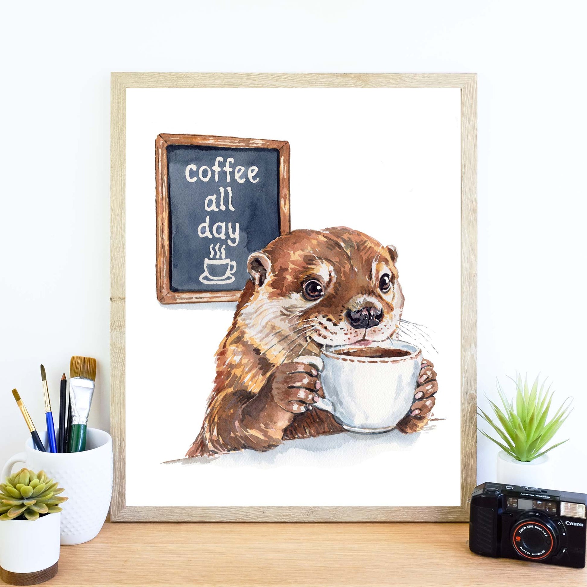 Watercolour painting of an otter drinking a coffee with a Coffee All Day Sign in the background