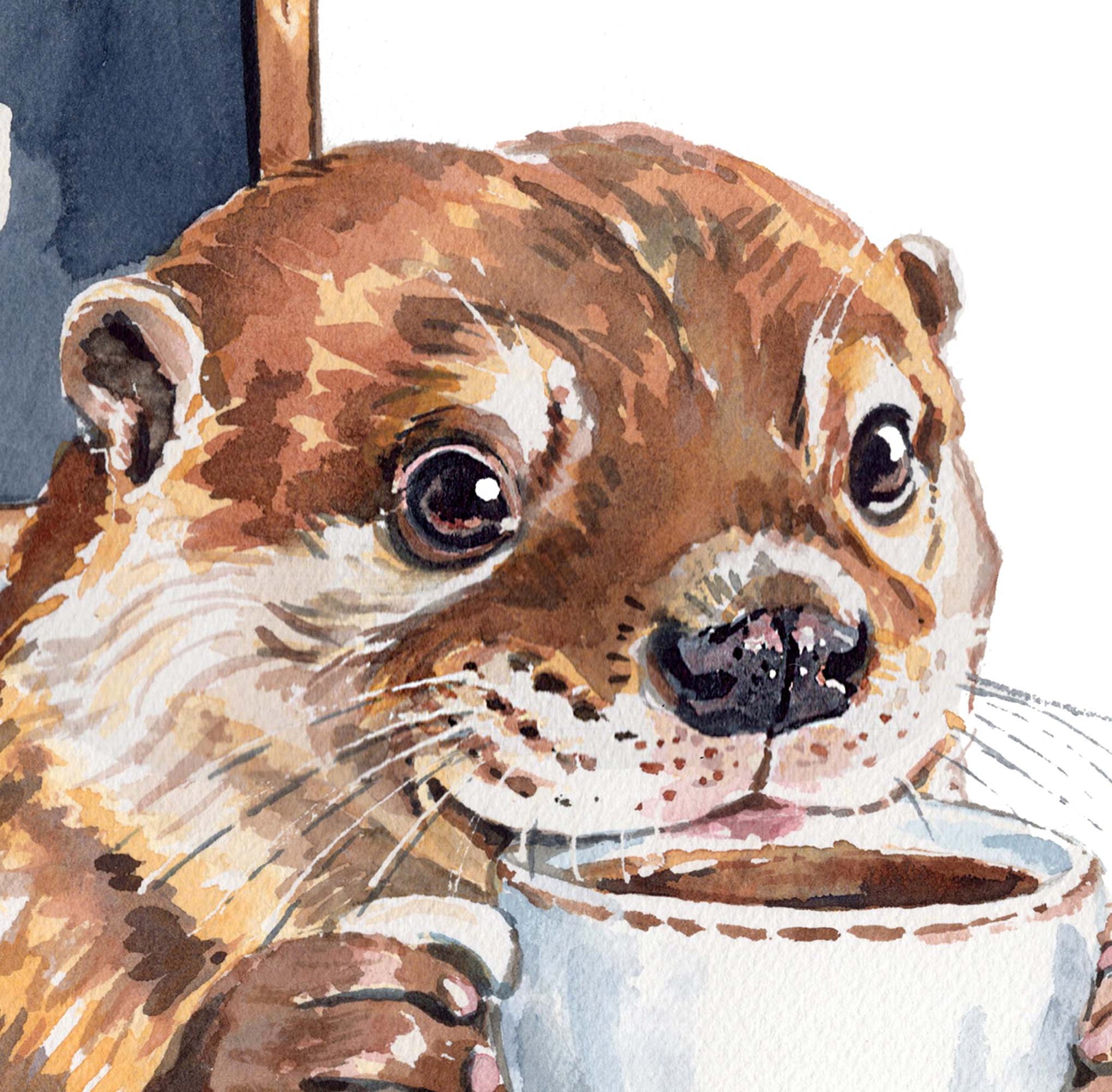 Close up of a watercolour painting of an otter drinking a coffee with a Coffee All Day Sign in the background