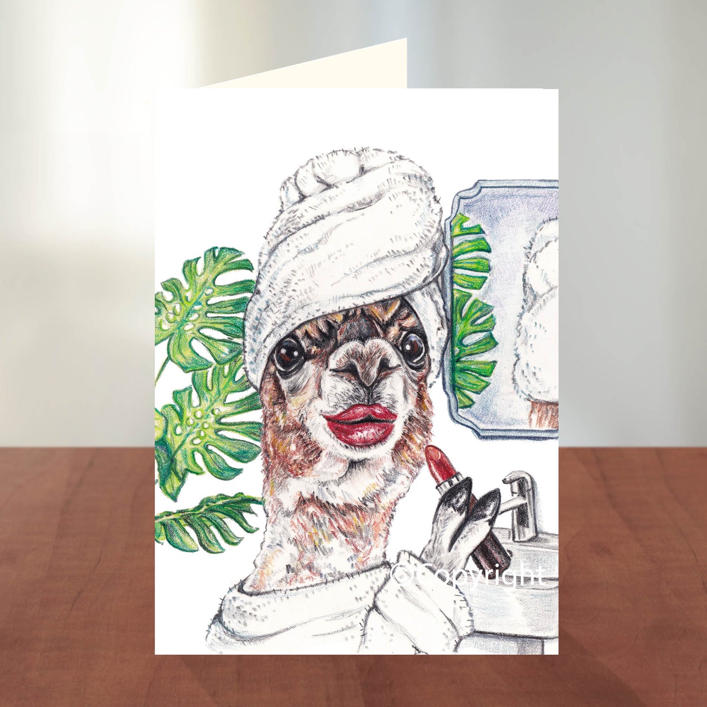 Greeting card featuring a crayon drawing of llama in her bathroom getting ready for a big date.