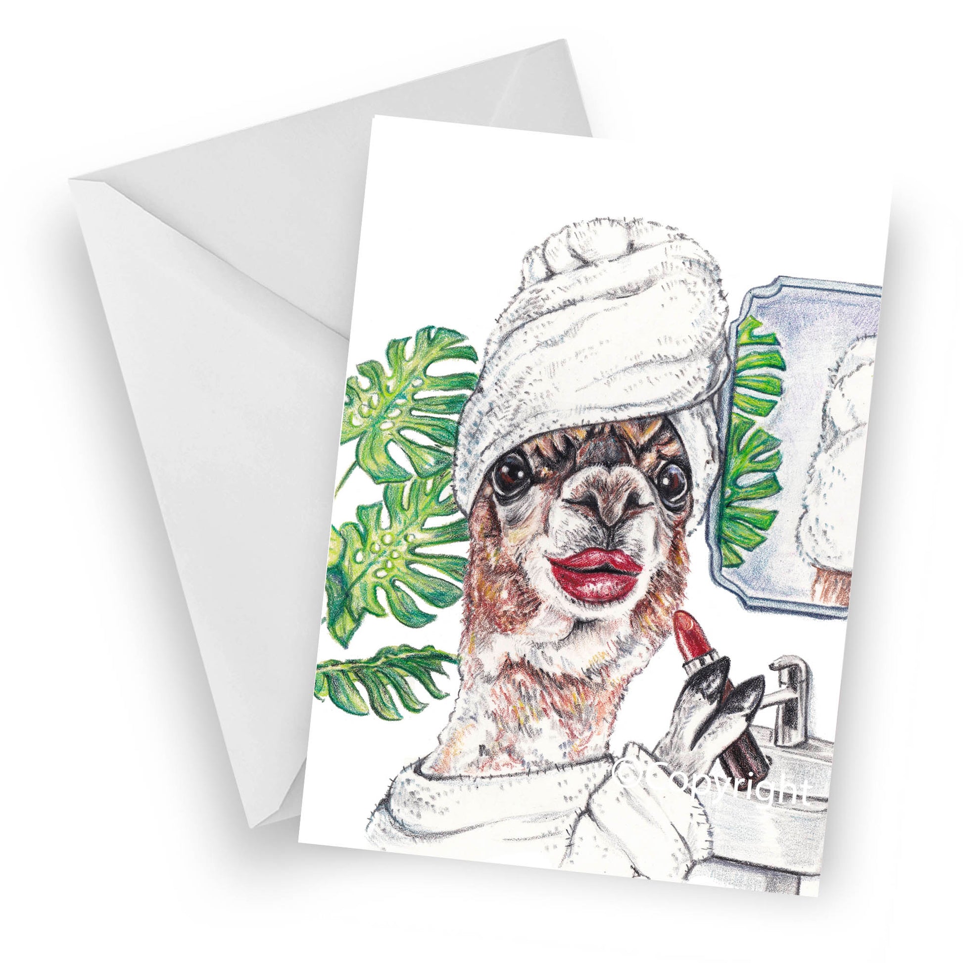 Greeting card featuring a crayon drawing of llama in her bathroom getting ready for a big date.