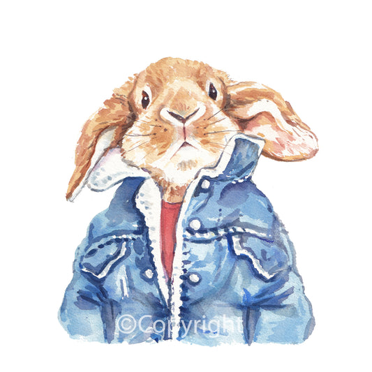 Watercolour painting of a lop eared bunny rabbit wearing a cool vintage denim jacket. Art by Deidre Wicks