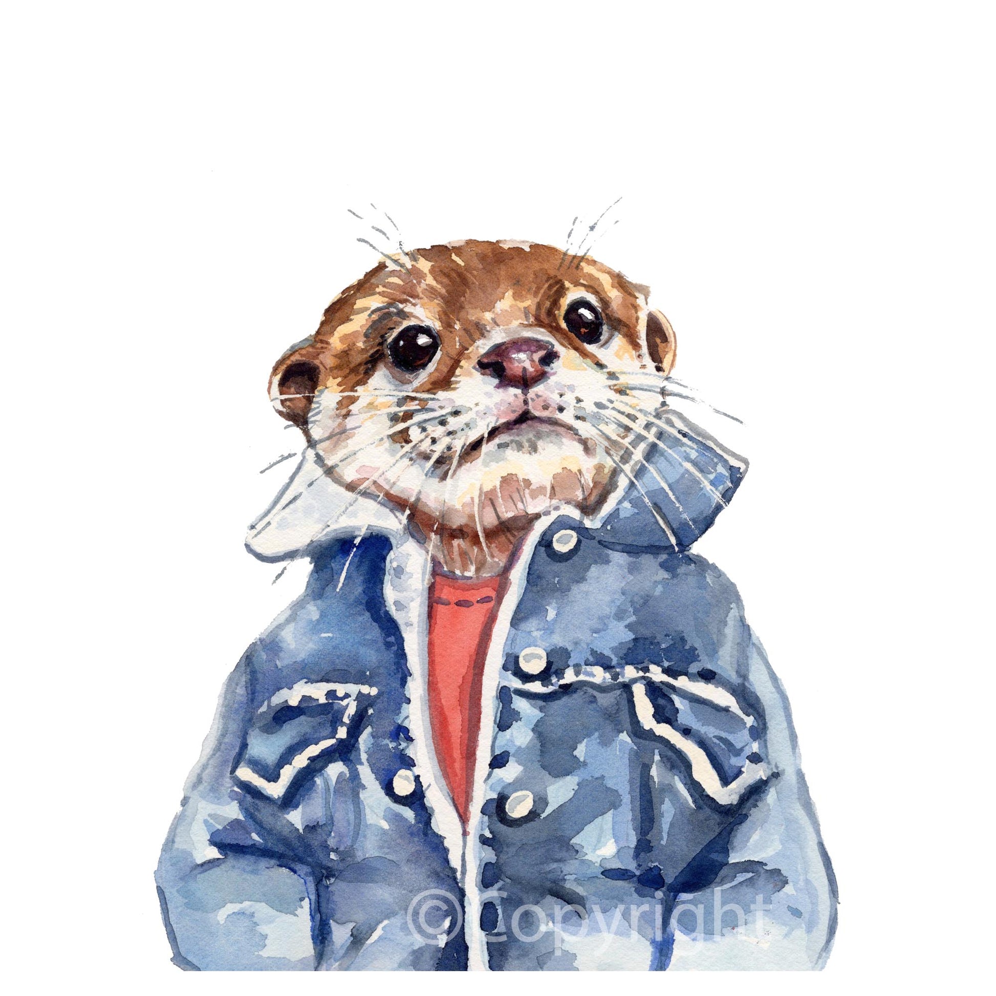 Watercolor illustration of an otter wearing a blue denim jacket with white fur trim and a red shirt, on a plain white background.