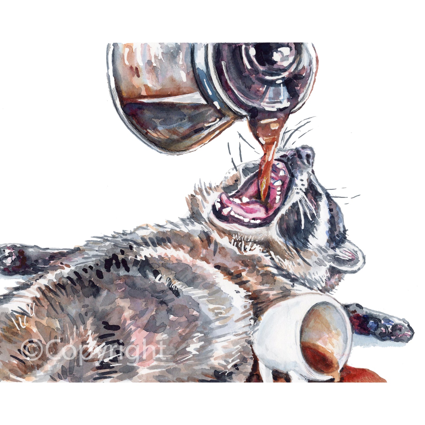 Illustration of a raccoon drinking coffee with a cup and saucer.