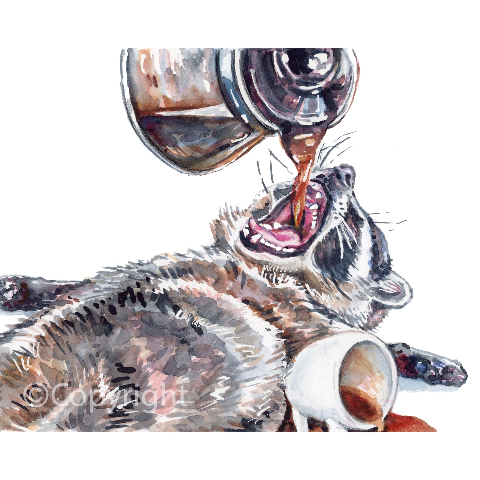 Illustration of a raccoon drinking coffee with a cup and saucer.
