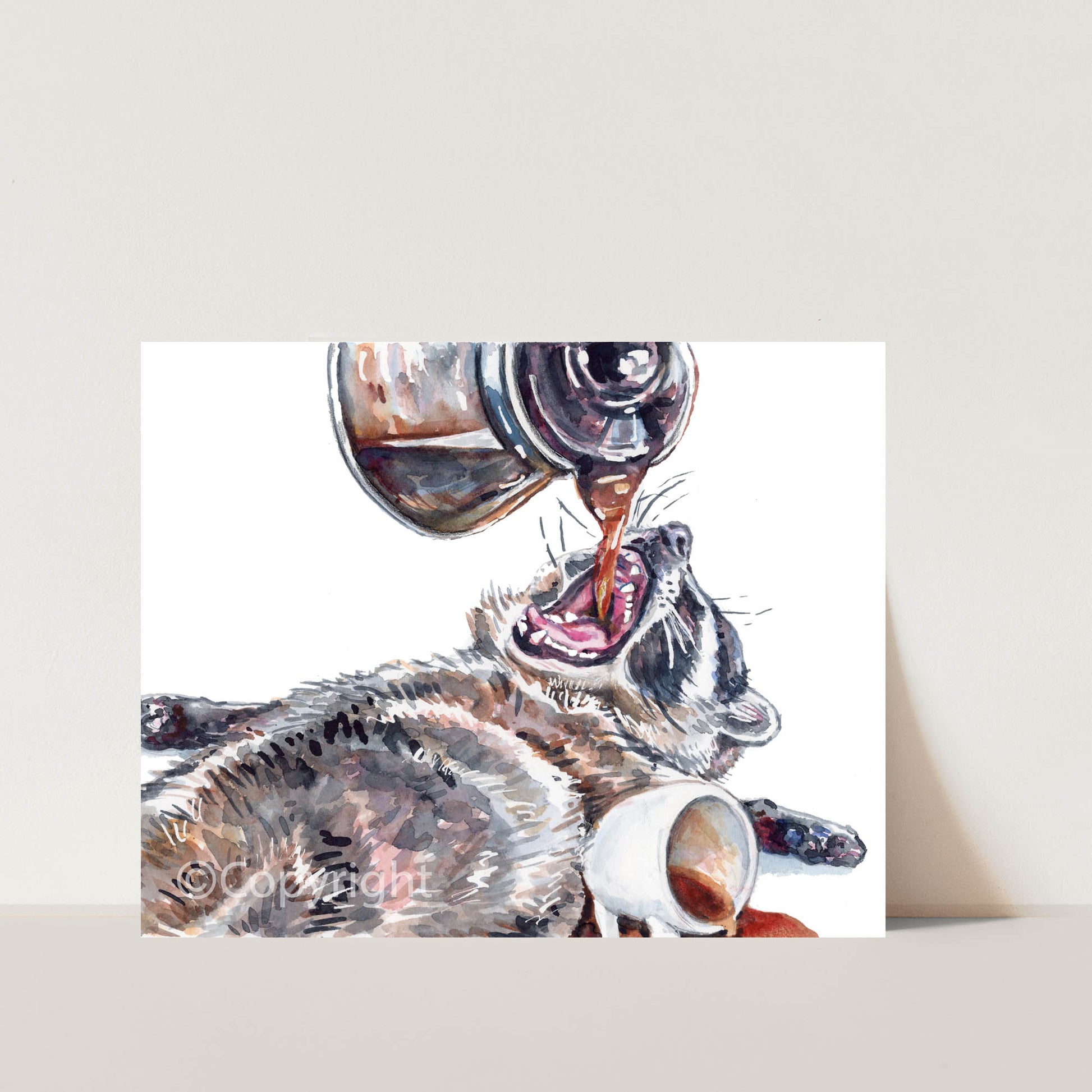 Watercolour illustration of a raccoon drinking coffee straight from a coffee pot 