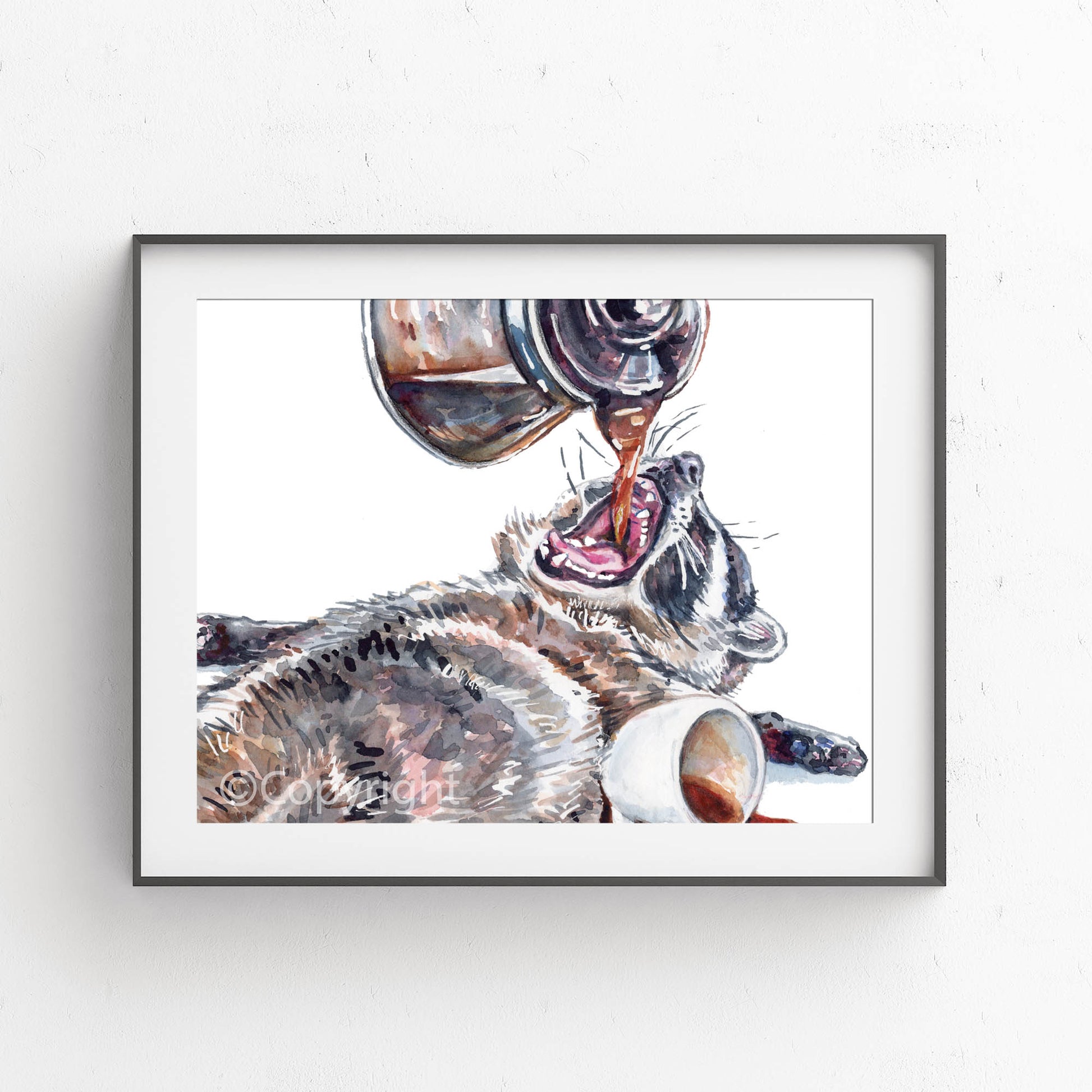 Framed artwork of a raccoon drinking coffee with a white background