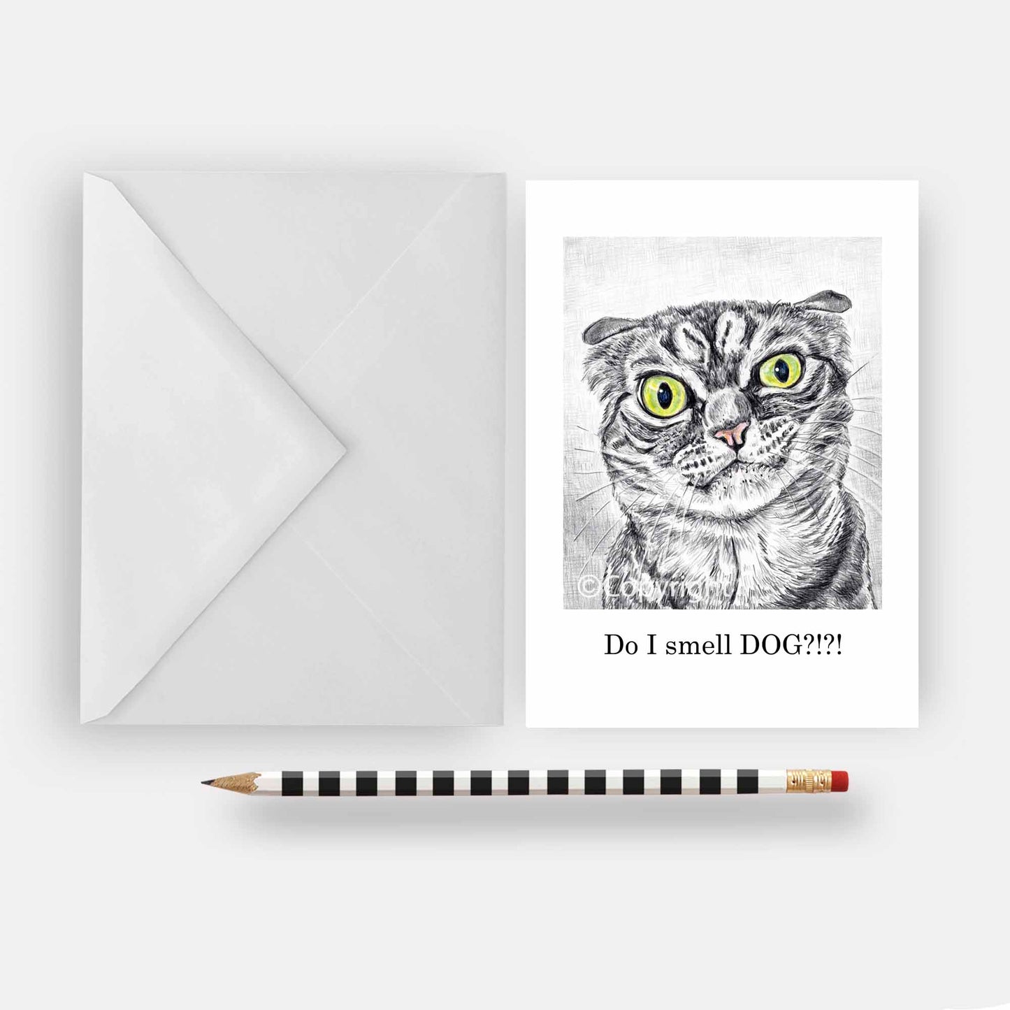 Greeting card featuring a crayon wax pastel drawing of a disgruntled tabby cat. Art by Deidre Wicks