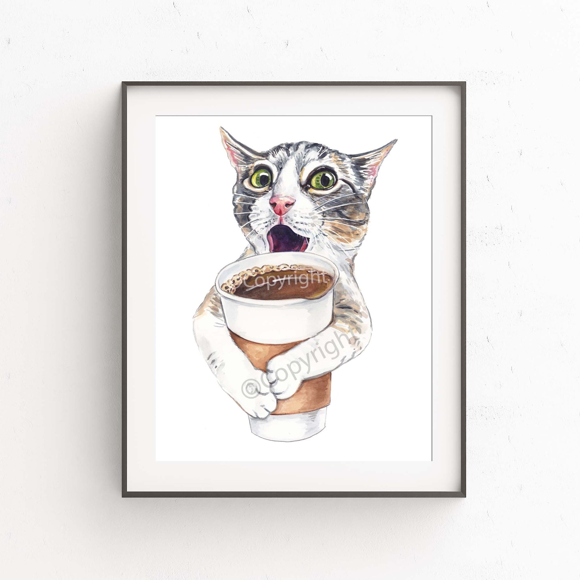 Watercolour painting of an excited tabby cat holding a large cup of coffee. Art by Deidre Wicks