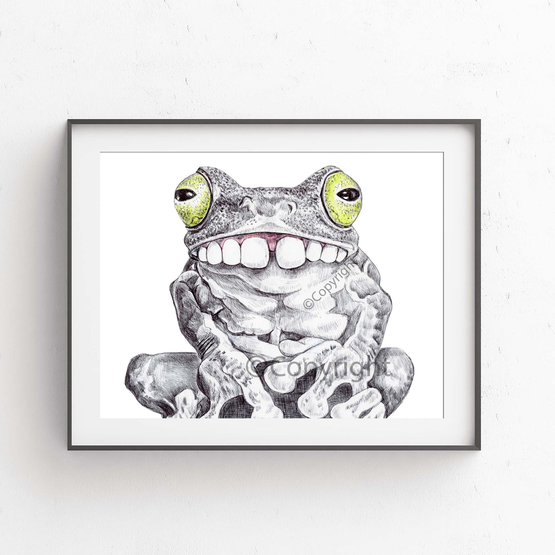 Ballpoint pen drawing of a tree frog with a big gap tooth smile. Art by Deidre Wicks