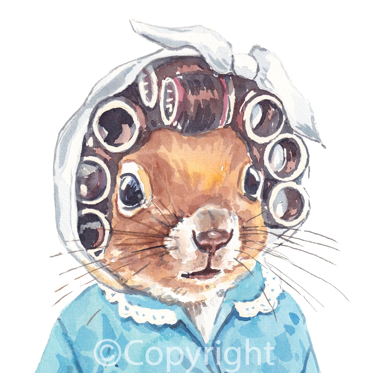 Watercolour painting of a squirrel wearing vintage hair curlers and a quilted housecoat. Art by Deidre Wicks
