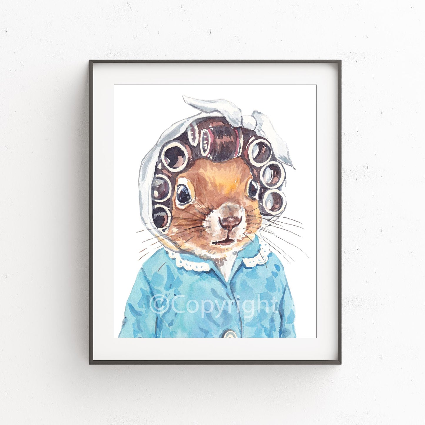 Watercolour painting of a squirrel wearing vintage hair curlers and a quilted housecoat. Art by Deidre Wicks