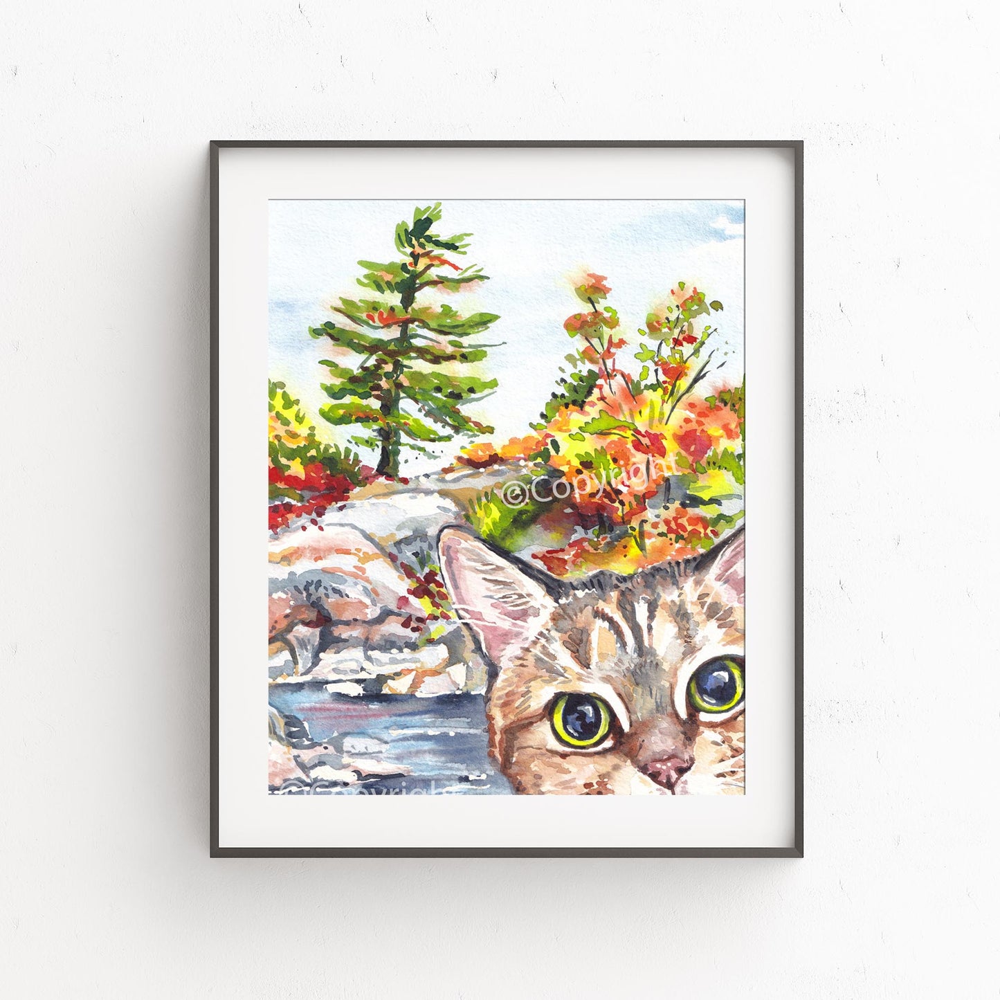 Watercolour painting of a cat photobombing a photo of an Ontario landscape. Art by Deidre Wicks