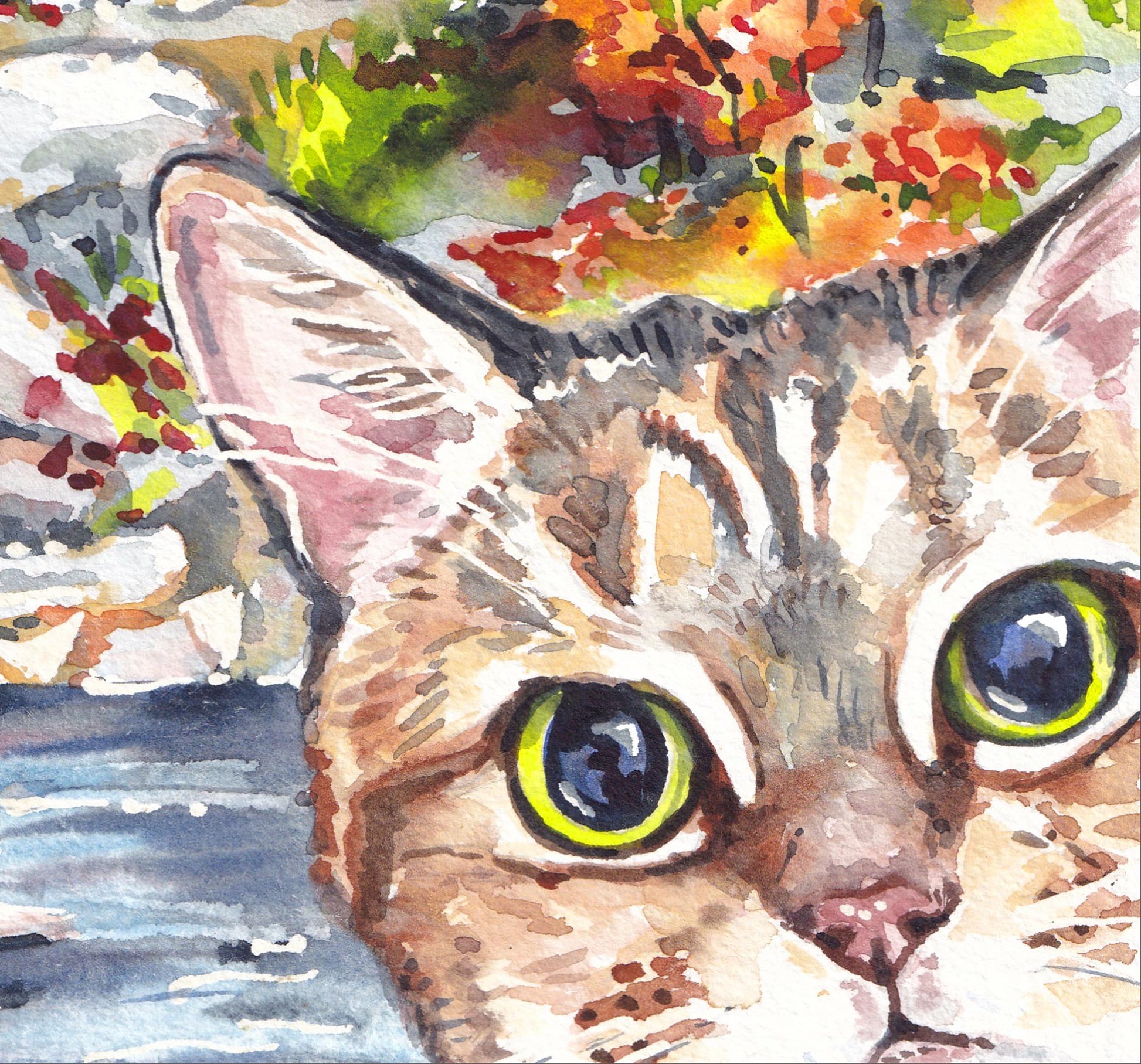 Watercolour painting of a cat photobombing a photo of an Ontario landscape. Art by Deidre Wicks