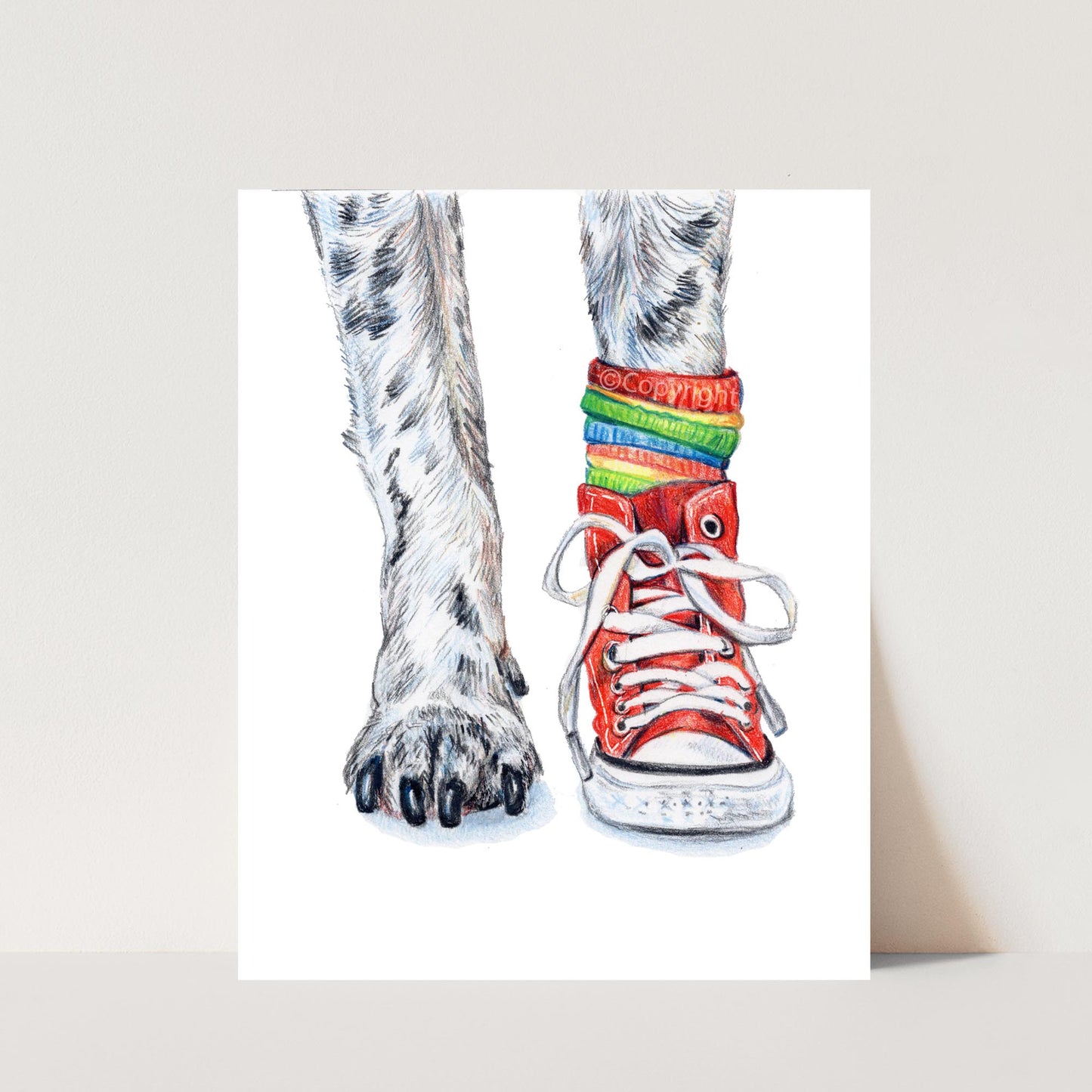 Illustration of a dog's paw wearing one high top red sneaker with a colorful sock on a white background