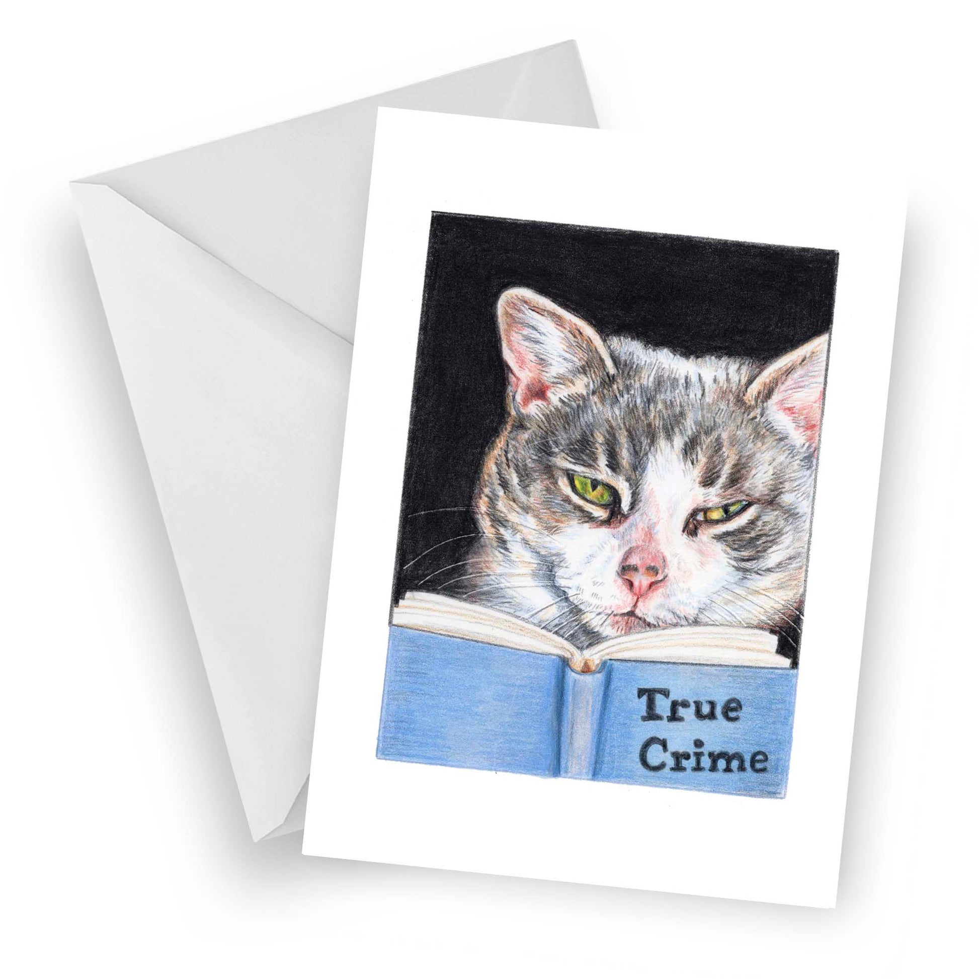 Greeting card featuring a coloured pencil drawing of a grey tabby cat reading a book about true crime. Art by Deidre Wicks