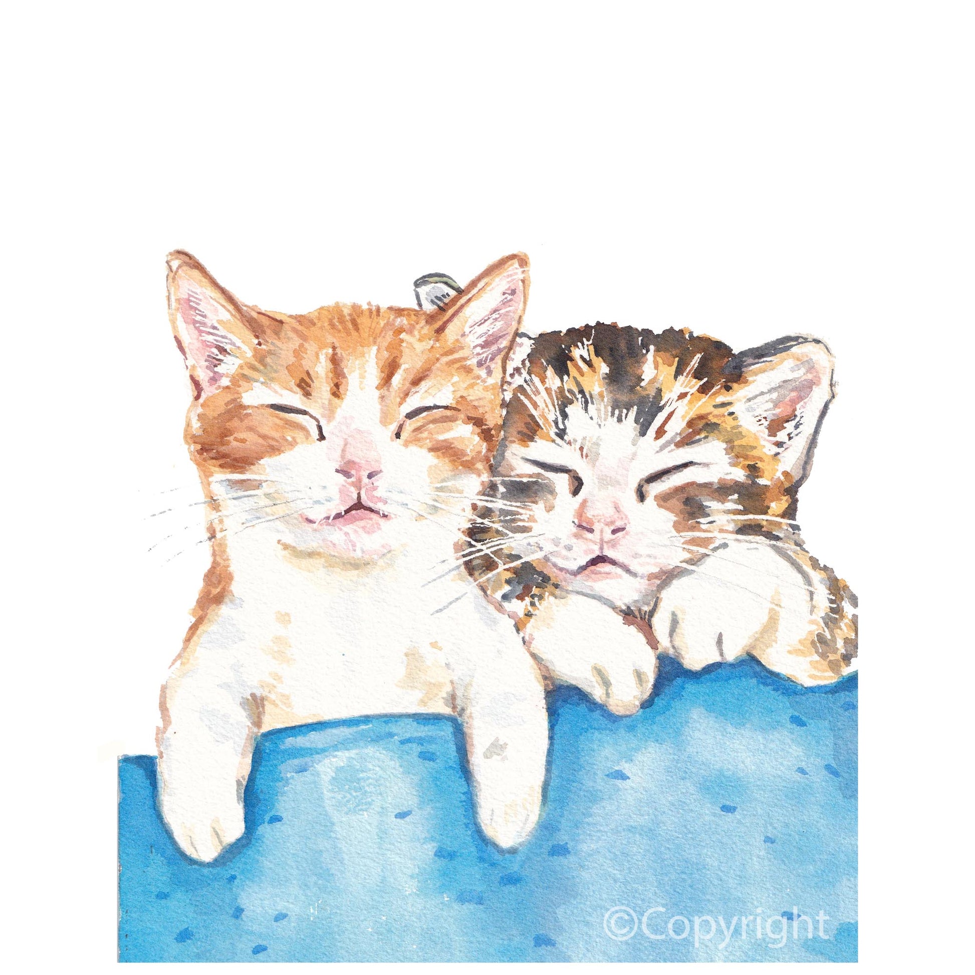 Watercolour painting of two tabby kittens taking a nap together. Art by Deidre Wicks