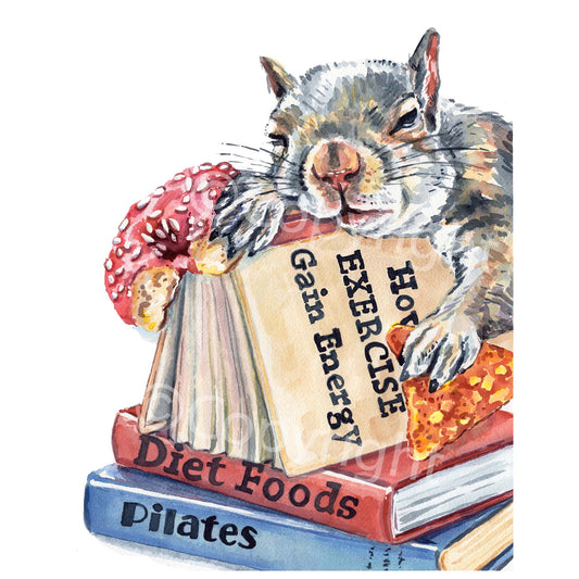 Illustration of a squirrel holding a donut and a nacho sleeping on a pile of books about exercise and diet foods