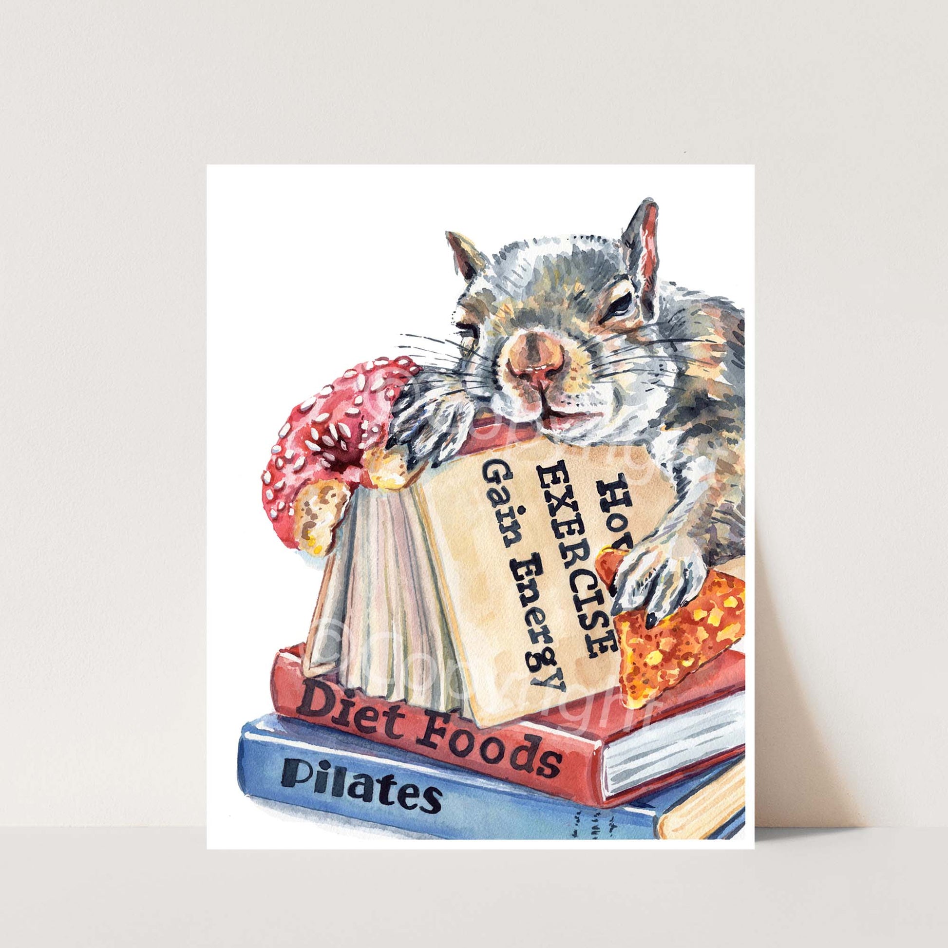 Illustration of a squirrel holding a donut and a nacho sleeping on a pile of books about exercise and diet foods
