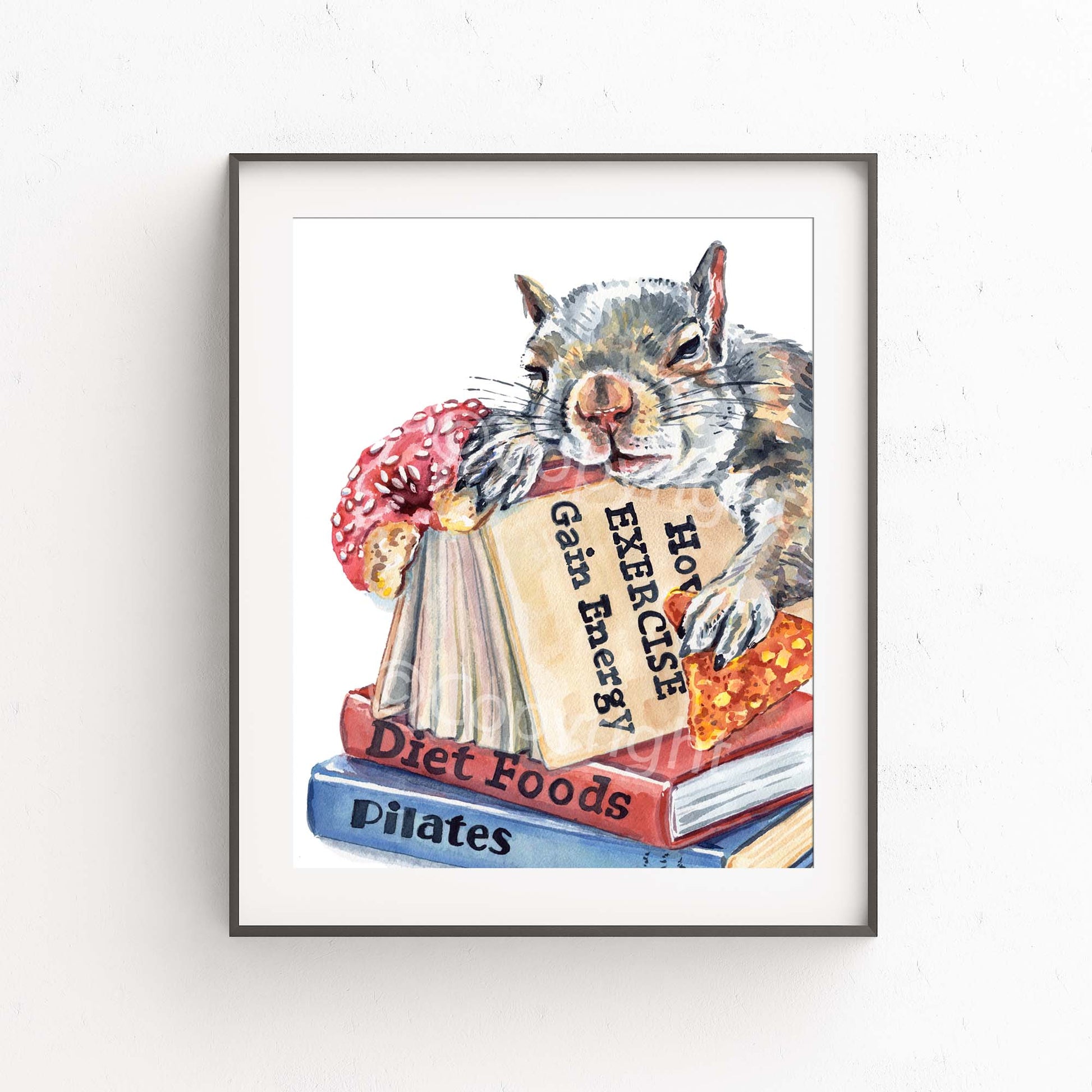 Illustration of a squirrel holding a donut and a nacho sleeping on a pile of books about exercise and diet foods