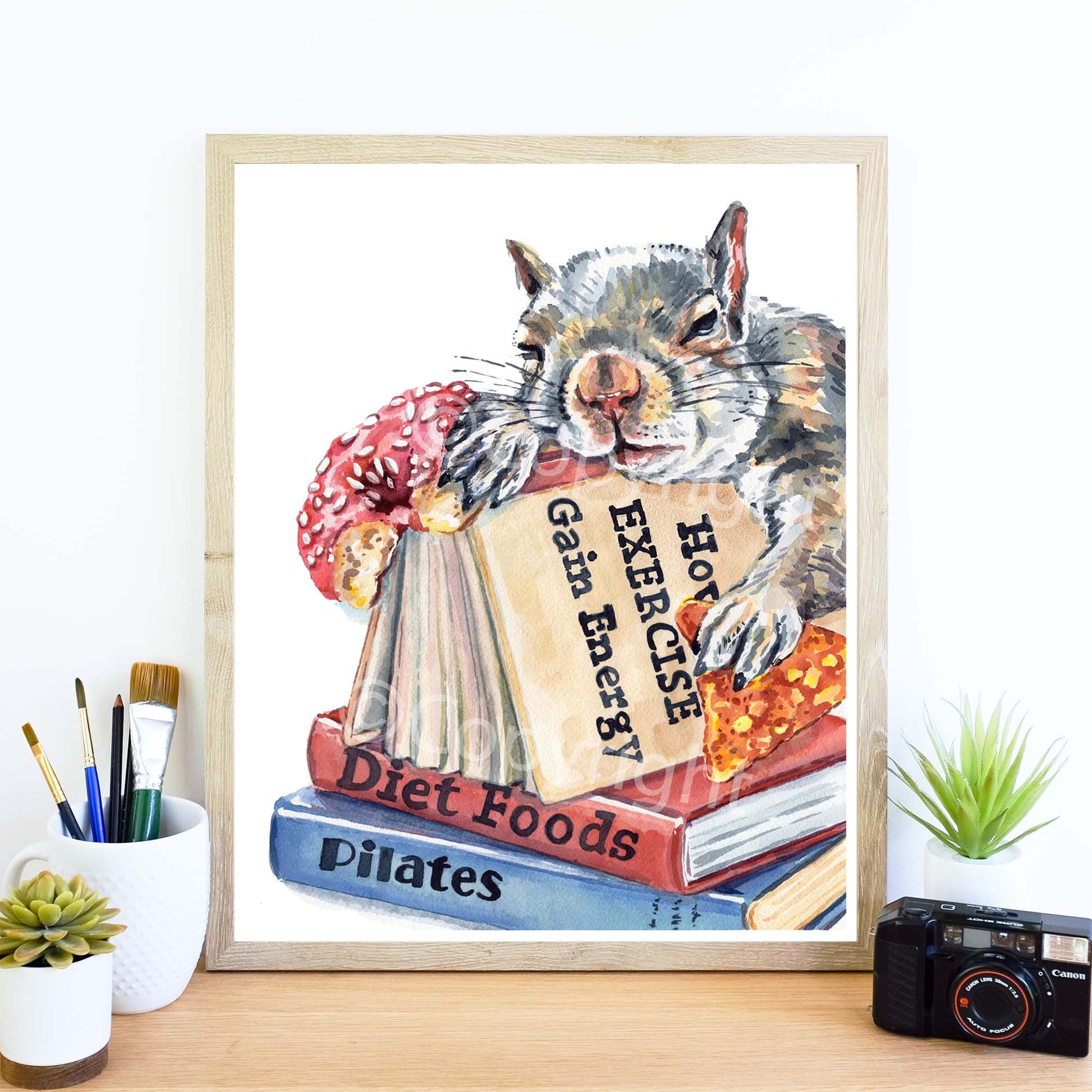 Illustration of a squirrel holding a donut and a nacho sleeping on a pile of books about exercise and diet foods