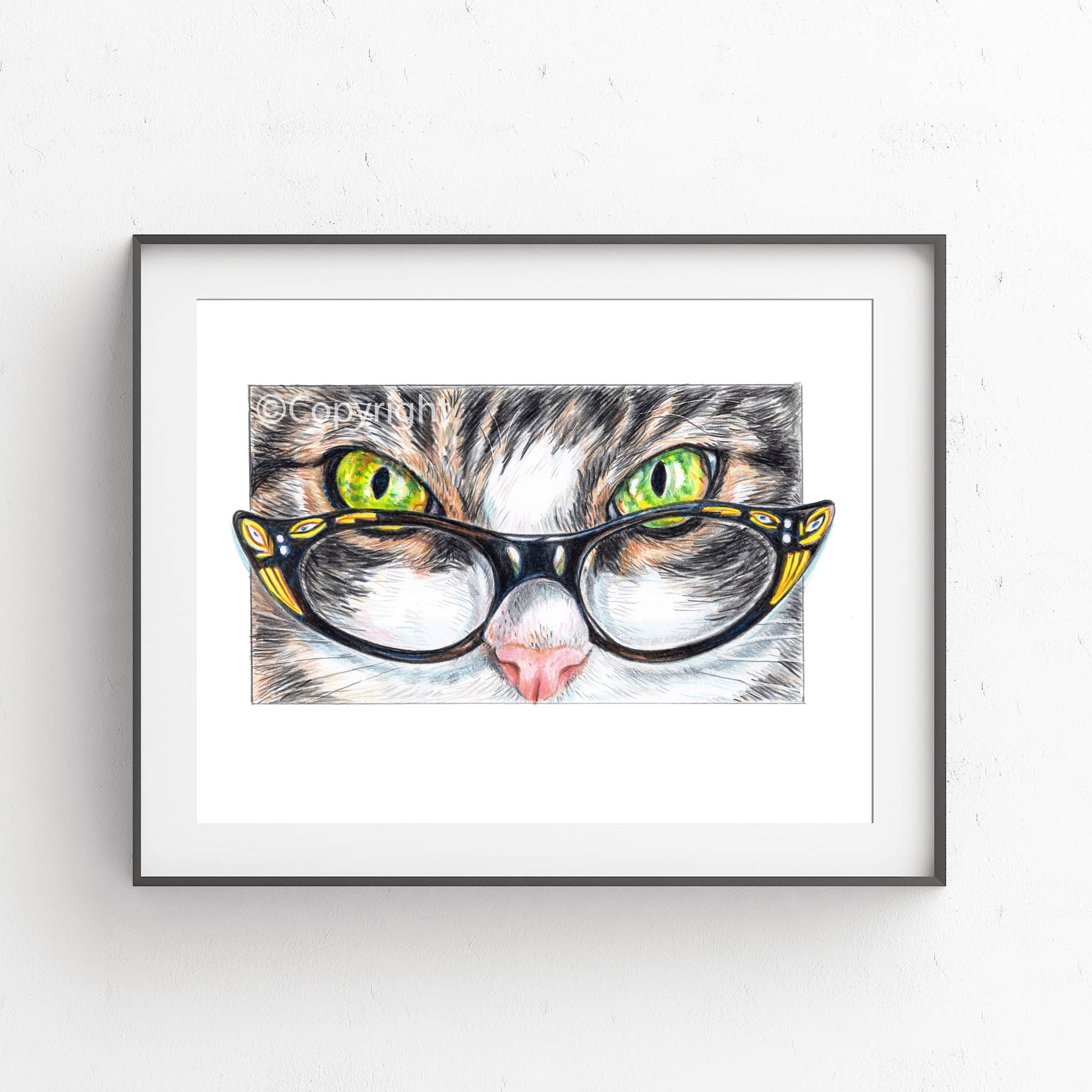 Cat at Work with Glasses Art Print