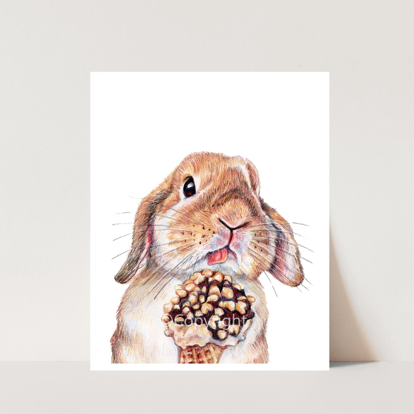 Coloured Pencil drawing of a lop eared bunny rabbit licking and ice cream cone. Art by Deidre Wicks