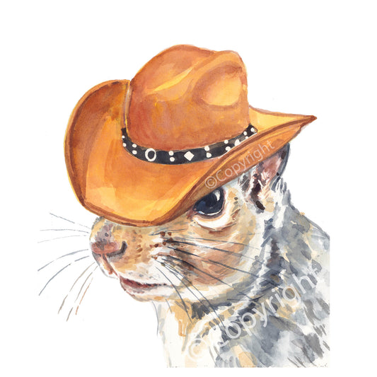 Watercolour painting of an Eastern grey squirrel wearing a brown cowboy hat.