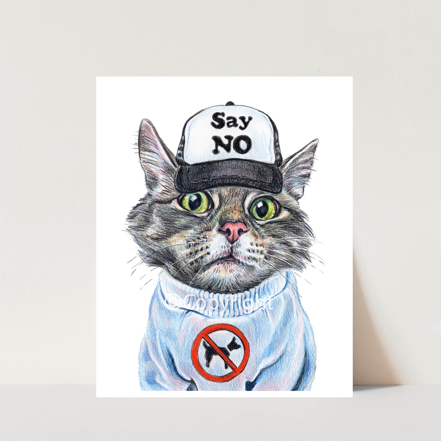 Cat wearing a cap with 'Say No' text and a sweater with a no-dog symbol on a white background