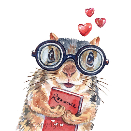 Illustration of a squirrel wearing glasses with hearts above, holding a 'Romance' book on a white background.