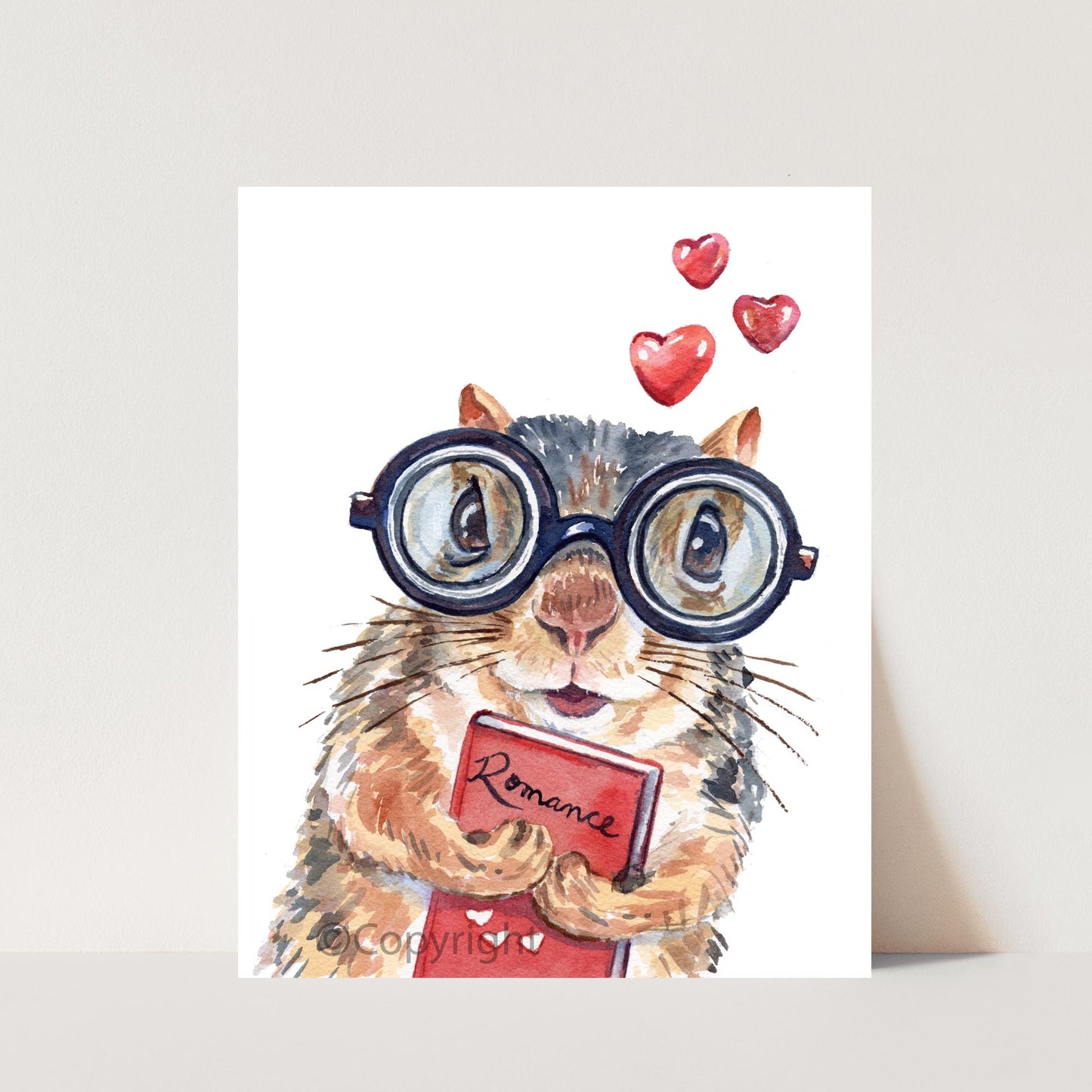 Illustration of a squirrel wearing goggles and holding a 'Romance' sign with hearts in the background.