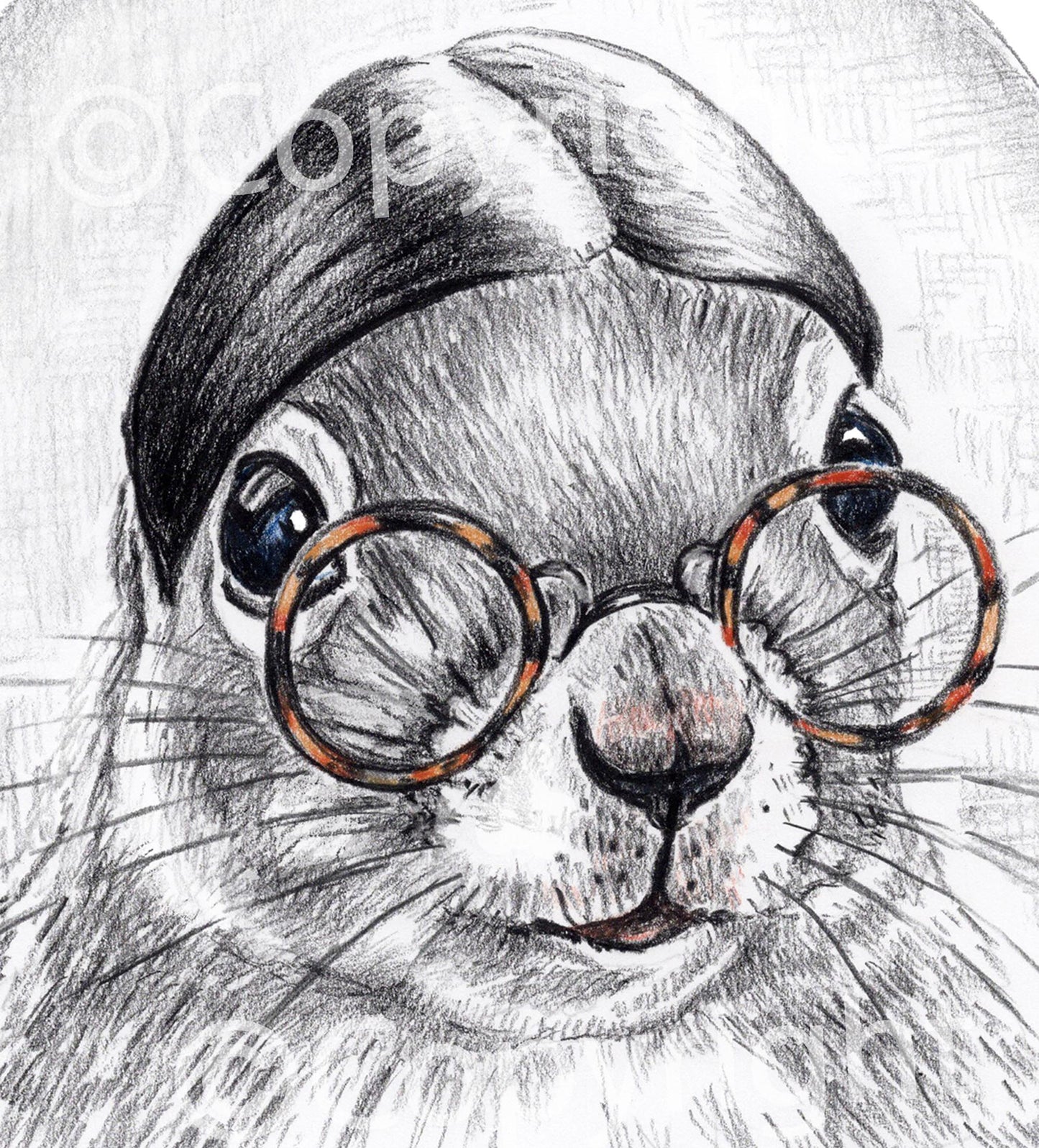 Crayon drawing of a mild mannered squirrel with slicked hair and round glasses. Art by Deidre Wicks