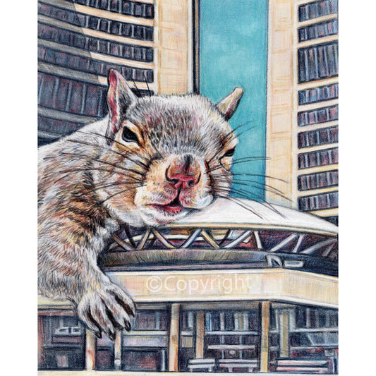 Illustration of a squirrel in an urban setting with tall buildings.