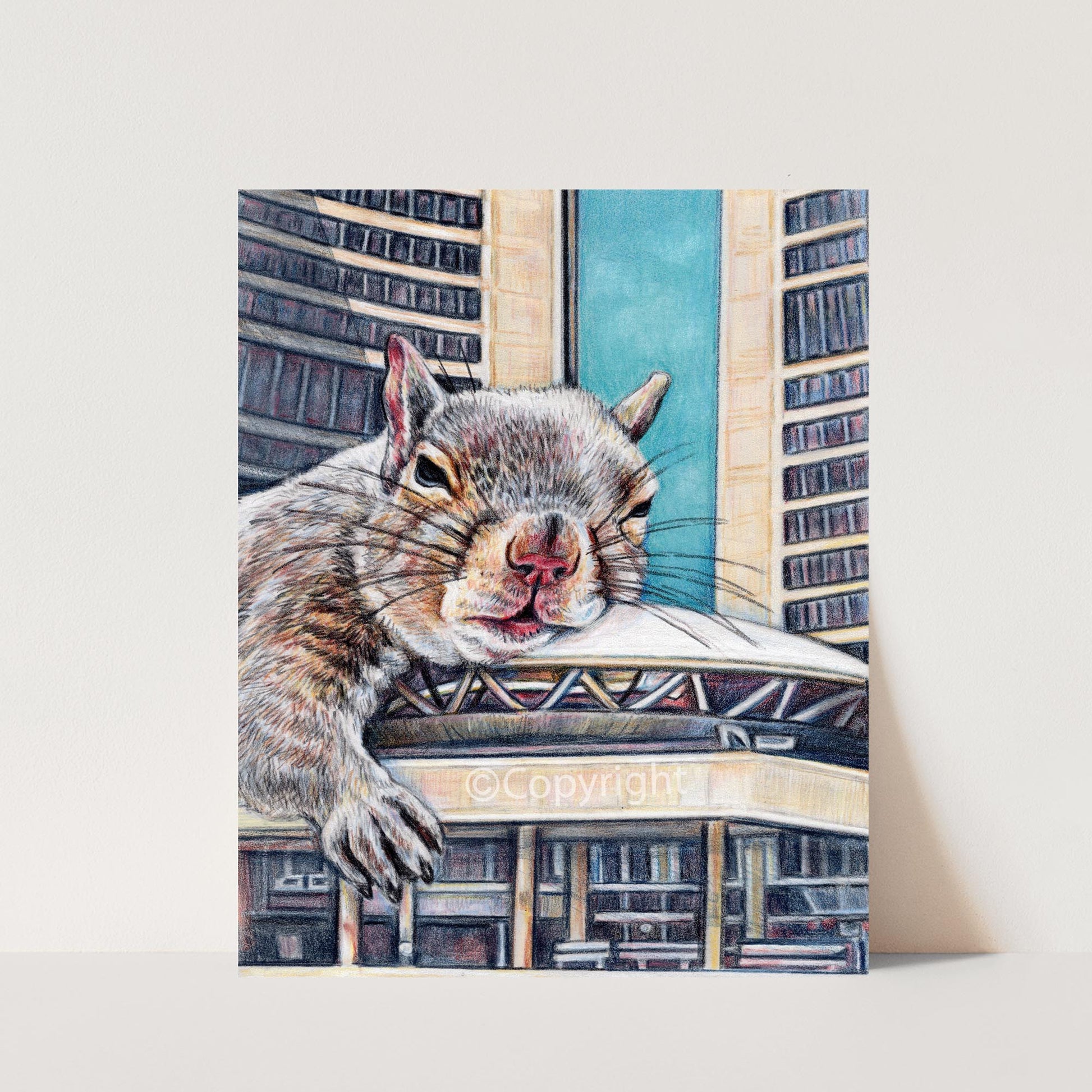 Illustration of a squirrel sleeping over Toronto's City Hall with a cityscape background